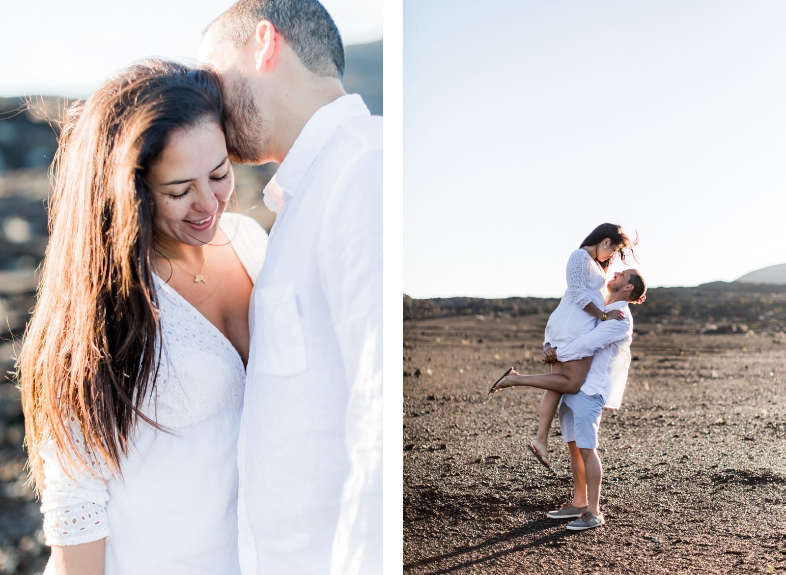 Photographie de Mathieu Dété, photographe de famille et couple à Saint-Pierre de la Réunion 974, présentant une femme dans les bras de son conjoint lors d'une séance couple, sur le sable près du Piton de la Fournaise