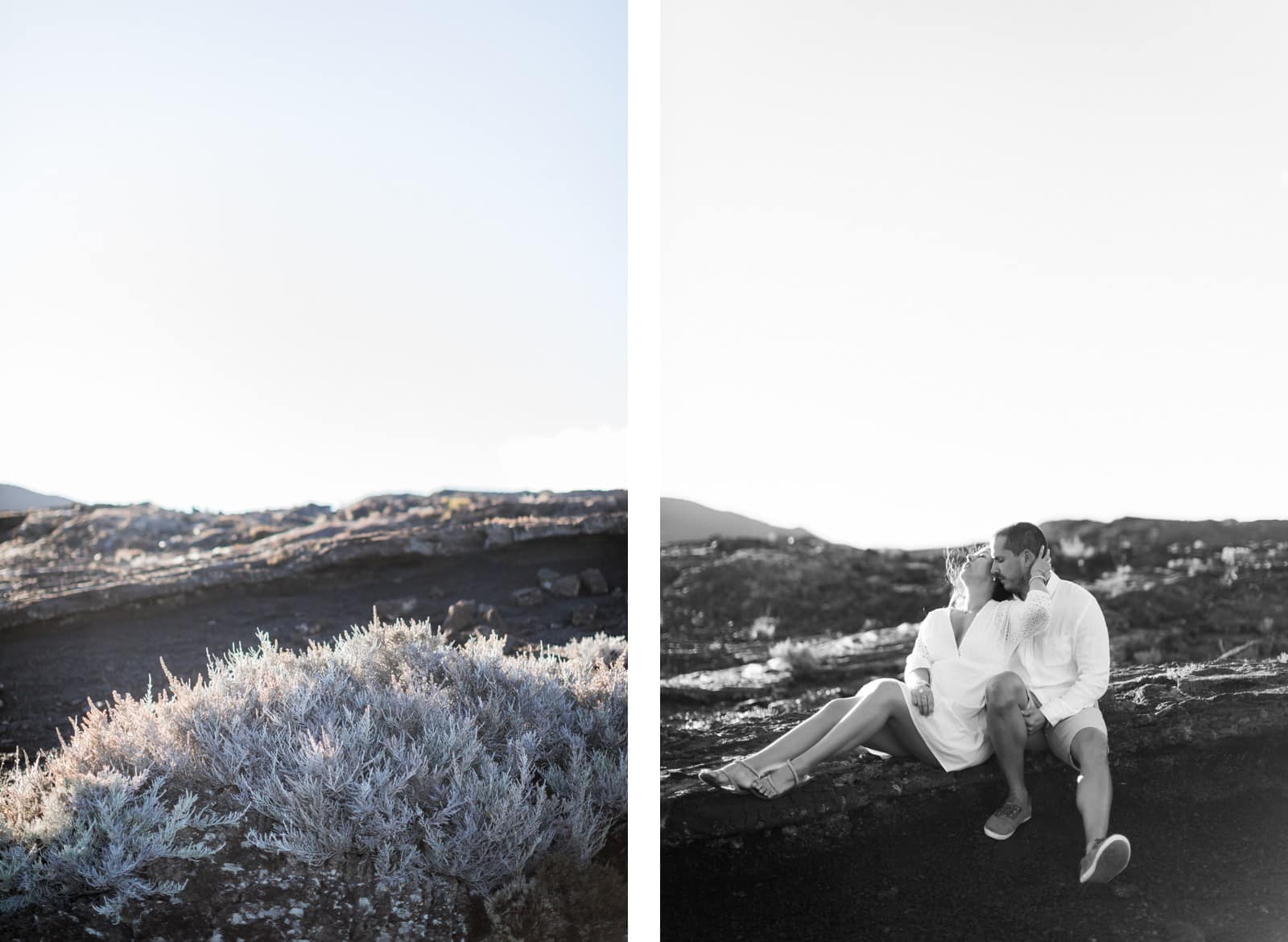 Photographie de Mathieu Dété, photographe de fiançailles et couple à Saint-Pierre de la Réunion 974, présentant une une femme collée à son compagnon à la Plaine des Sables