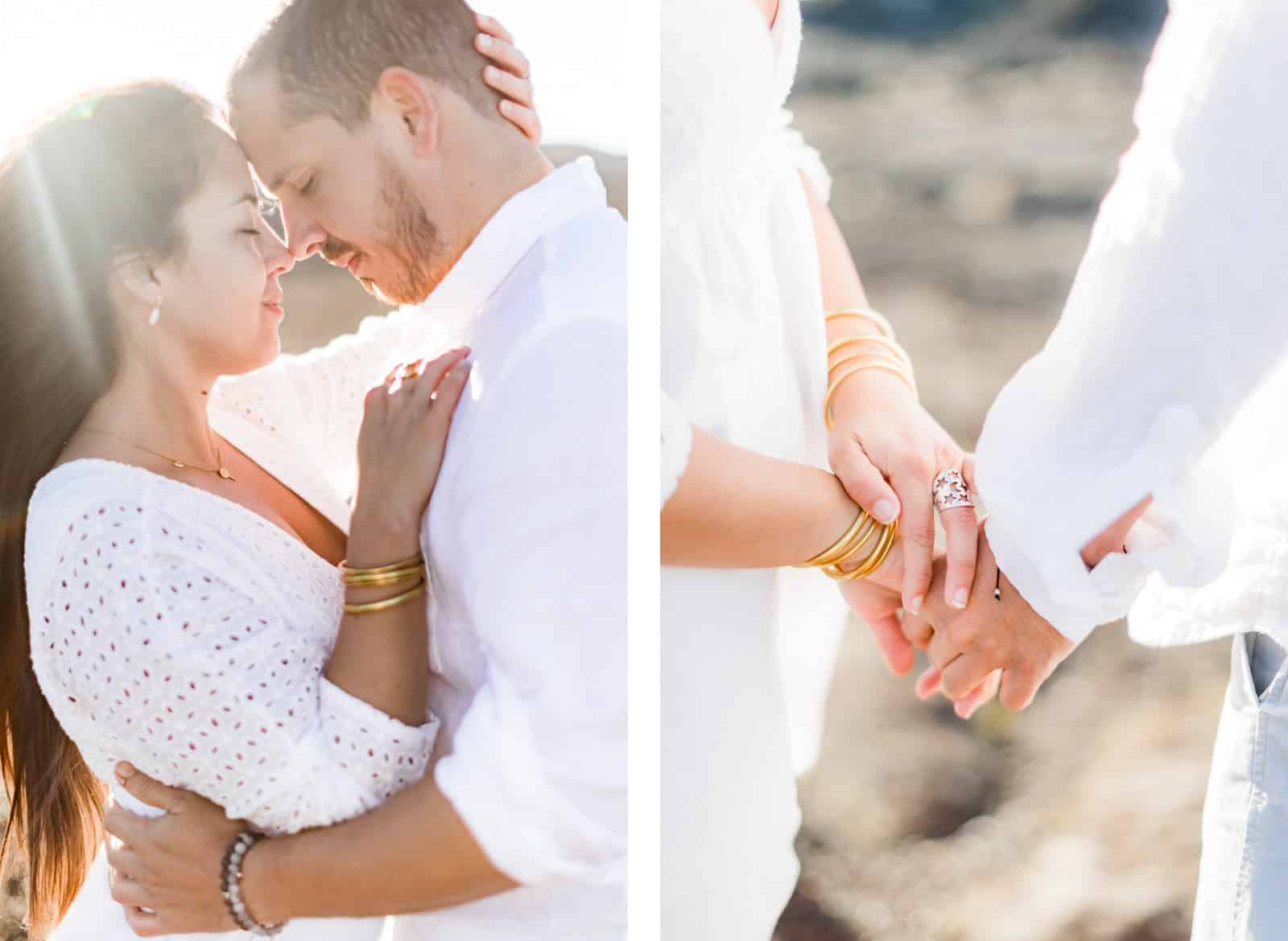 Photographie de Mathieu Dété, photographe de mariage et couple à Saint-Paul de la Réunion 974, présentant les détails d'un couple au lever du soleil