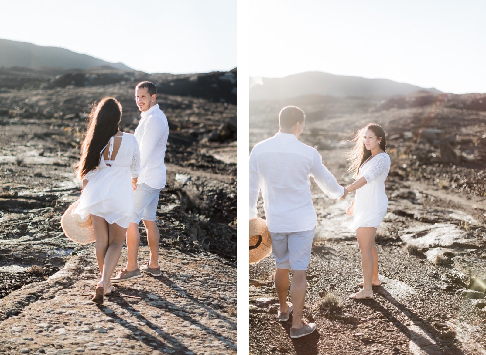 Photographie de Mathieu Dété, photographe de mariage et couple à Saint-Paul de la Réunion 974, présentant un couple qui se tient par la main sur les roches volcaniques au Pas des Sables