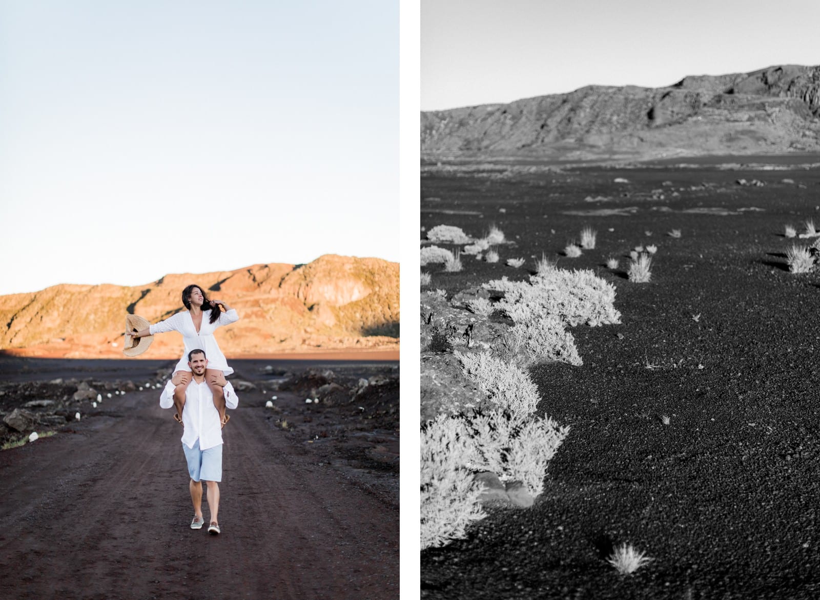 Photographie de Mathieu Dété, photographe de mariage et couple à Saint-Pierre de la Réunion 974, présentant une femme sur les épaules de son compagnon au lever du soleil à la Plaine des Sables