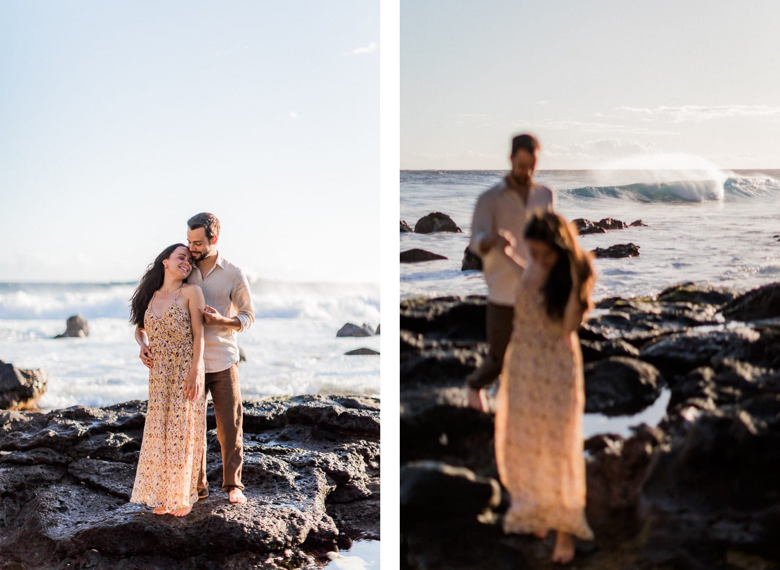 Photographie de Mathieu Dété, photographe de mariage et de couple à Saint-Paul sur l'île de la Réunion 974, présentant un couple en bord de mer de la plage de Grande Anse