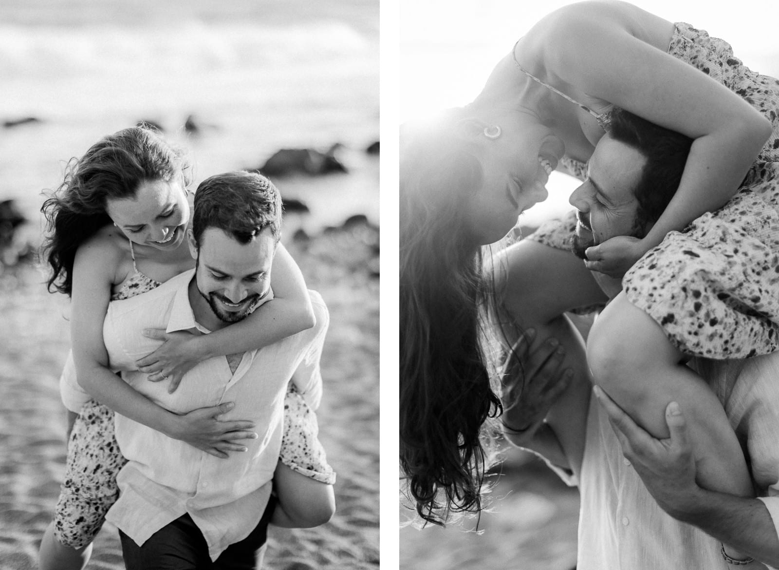 Photographie de Mathieu Dété, photographe de mariage et de couple à Saint-Paul sur l'île de la Réunion 974, présentant un couple en noir et blanc, l'homme portant la femme sur son dos et ses épaules à Grande Anse