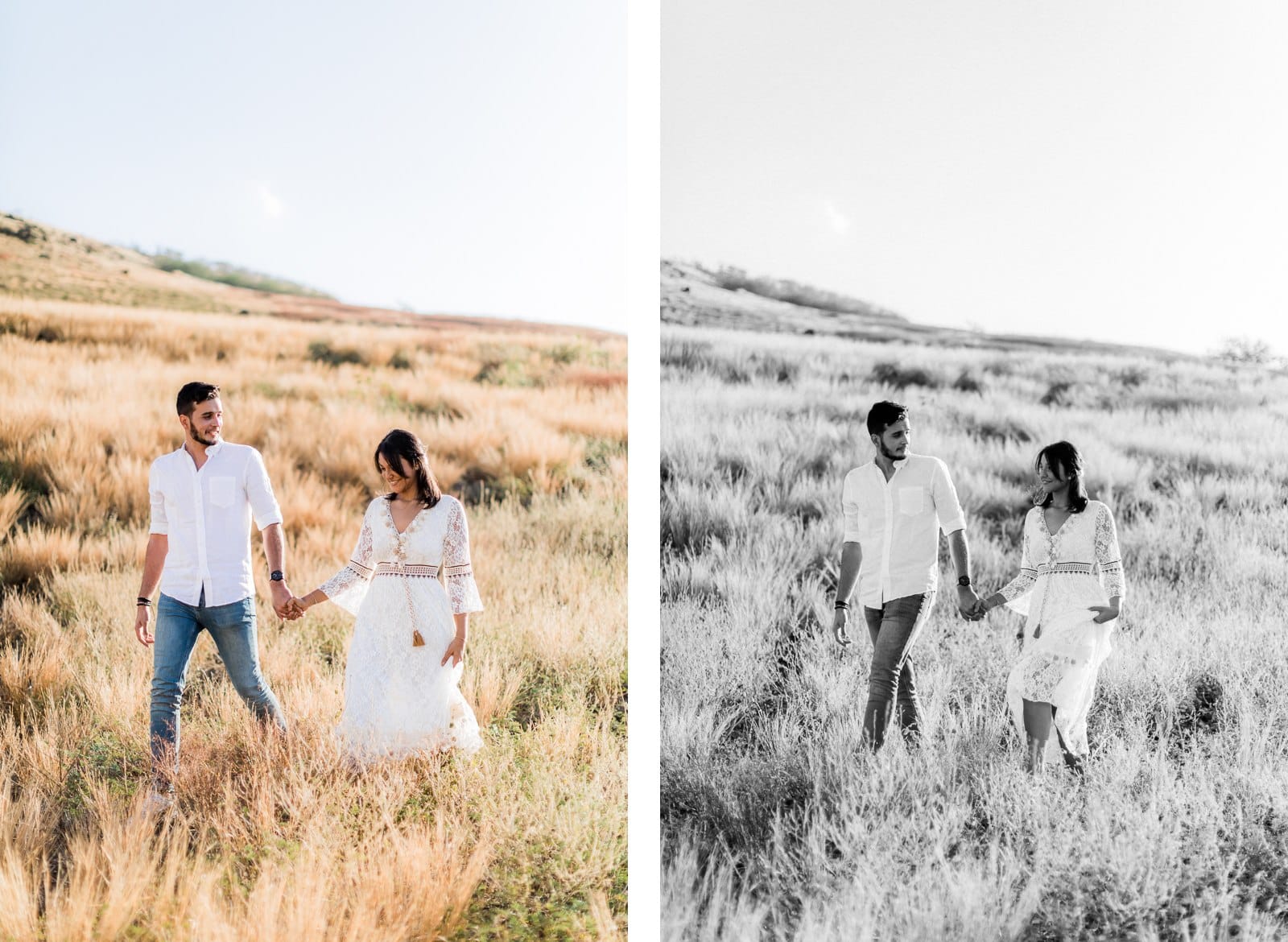 Photo d'une séance photo au Cap La Houssaye, de Mathieu Dété en noir et blanc, photographe de mariage et famille à Saint-Paul de la Réunion 974, présentant un couple qui marche dans la savane du Cap La Houssaye, près de Saint-Paul