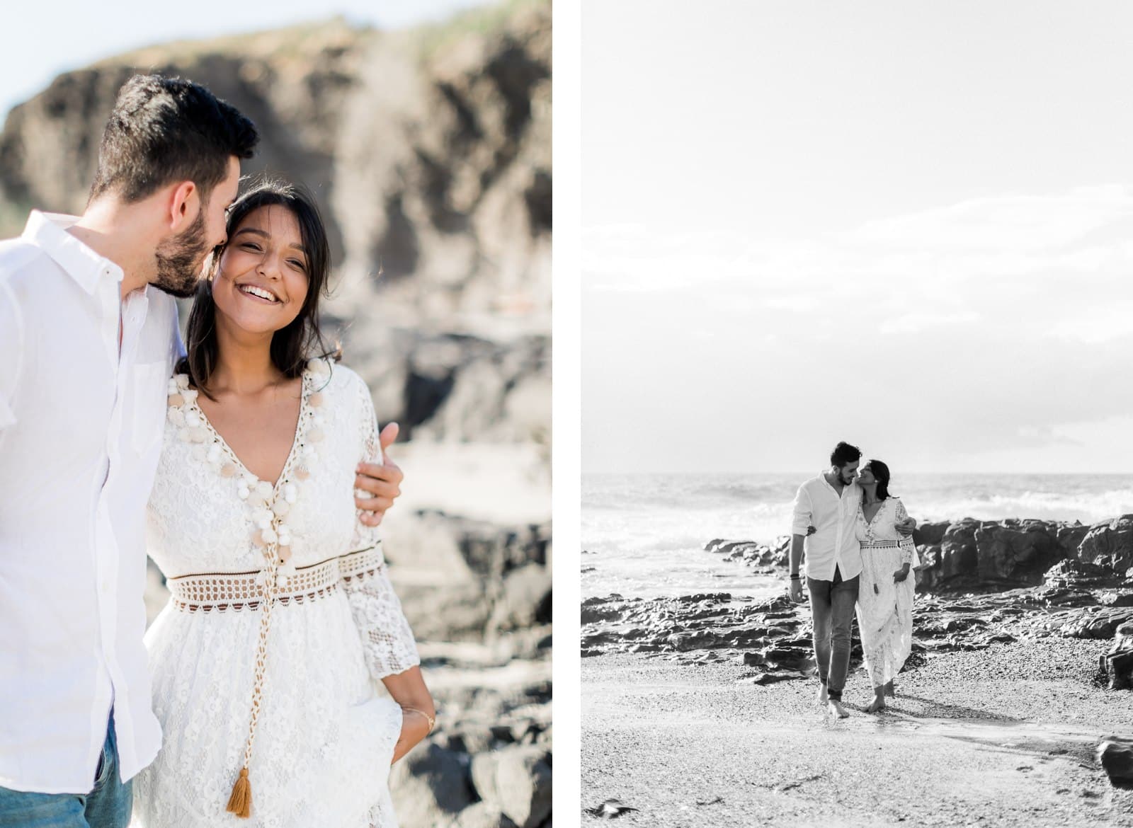 Photographie de Mathieu Dété, photographe de couple et famille à Saint-Denis de la Réunion 974, présentant un couple qui marche sur la plage en bord de mer