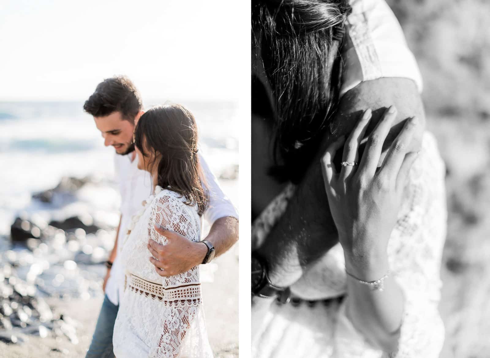 Photographie d'une séance photo au Cap La Houssaye, de Mathieu Dété, photographe de grossesse et naissance à Saint-Leu sur l'île de la Réunion 974, présentant les détails des mains d'un couple heureux et souriant