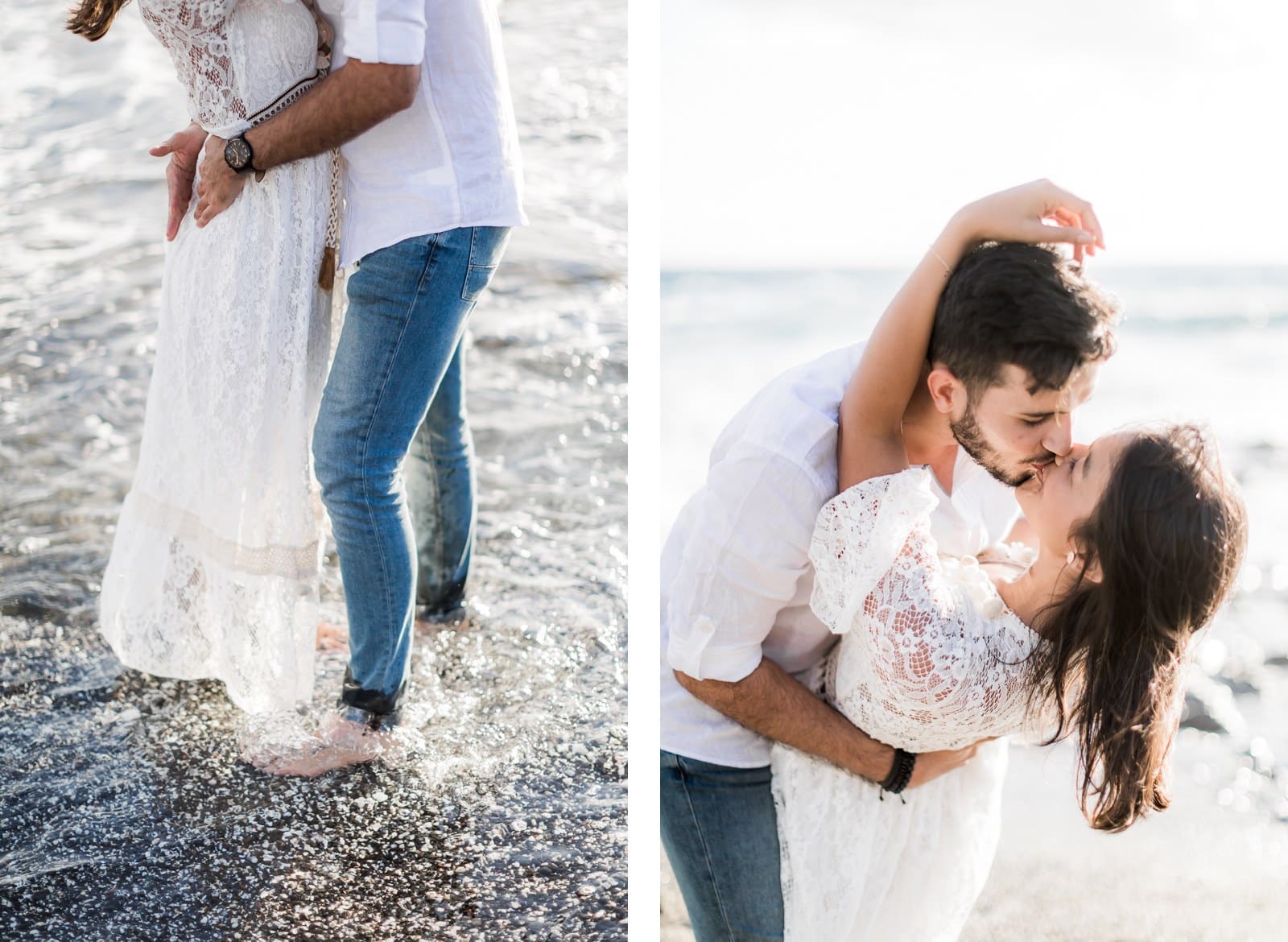 Photographie de Mathieu Dété, photographe de grossesse et naissance à Saint-Leu sur l'île de la Réunion 974, présentant un couple s'embrassant les pieds dans l'eau