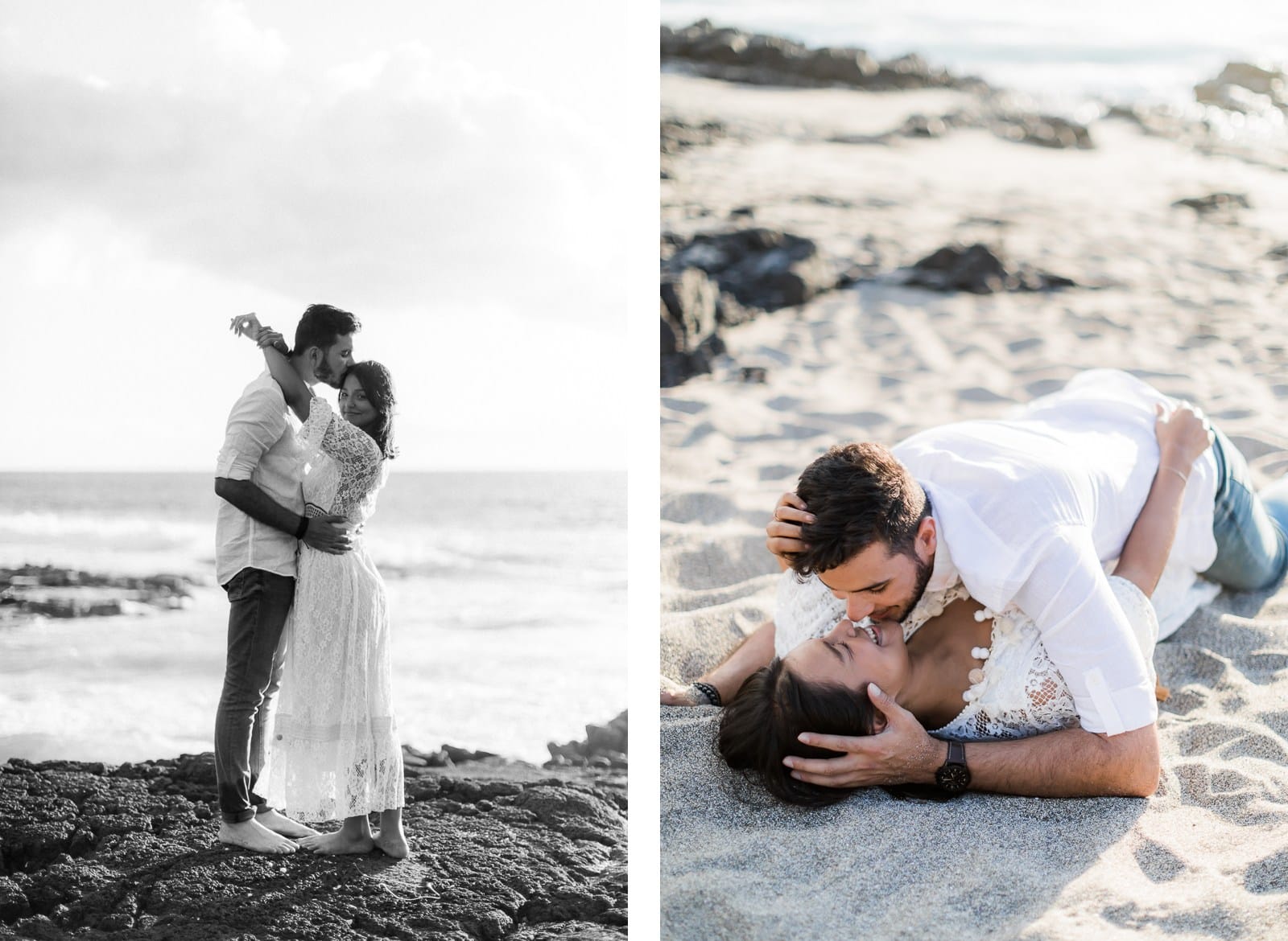 Photographie de Mathieu Dété, photographe de grossesse et naissance à Saint-Leu sur l'île de la Réunion 974, présentant un couple qui s'embrasse sur une plage de Saint-Paul