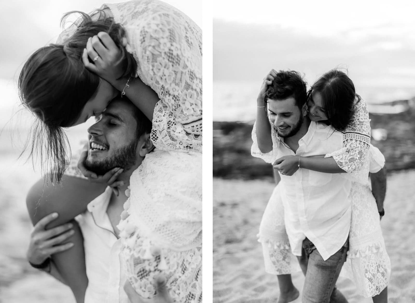 Photographie de Mathieu Dété, photographe de grossesse et naissance à Saint-Leu sur l'île de la Réunion 974, présentant une femme sur les épaules de son homme en noir et blanc