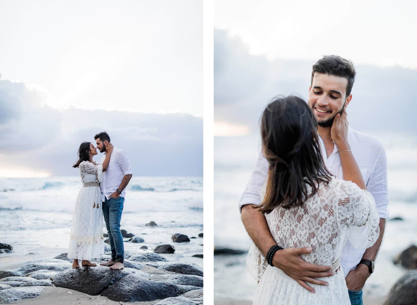 Photographie de Mathieu Dété, photographe de mariage et de couple à Saint-Pierre sur l'île de la Réunion 974, présentant un couple souriant au Cap la Houssaye