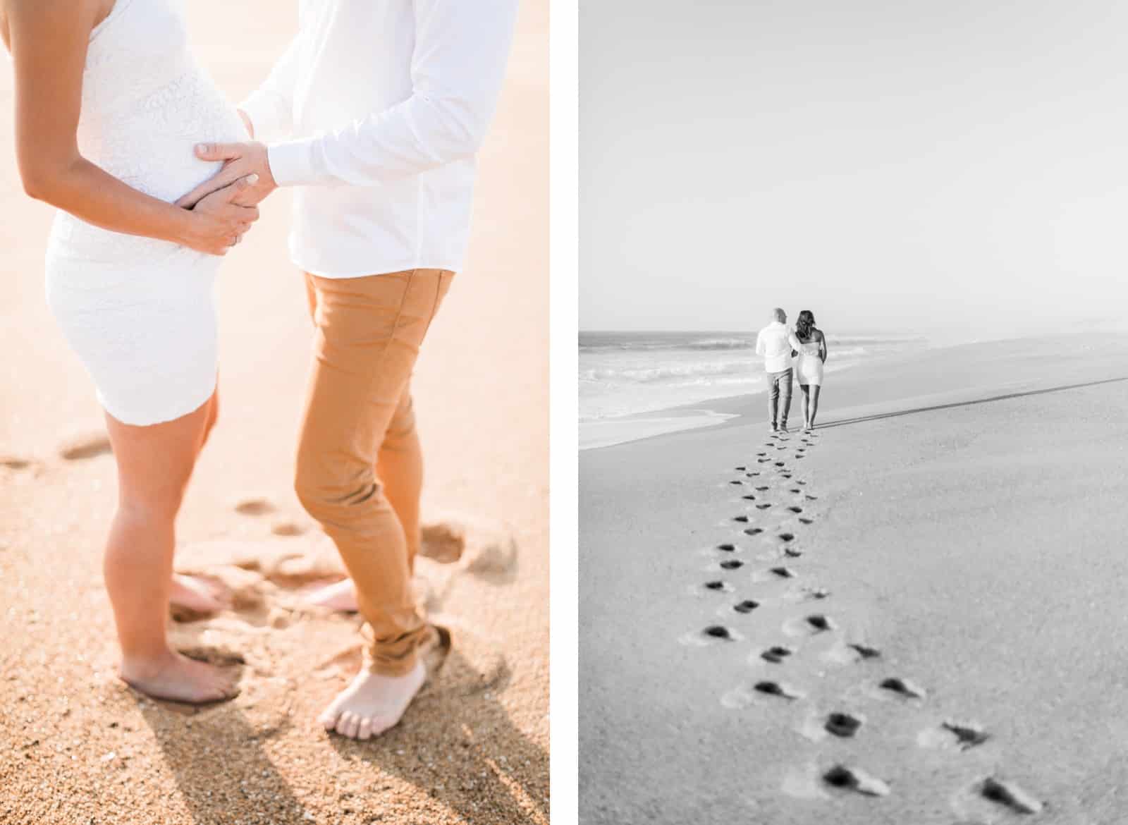 Photographie de Mathieu Dété, photographe de couple et grossesse à Saint-Pierre de la Réunion 974, présentant les pas d'un couple sur le sable d'une plage