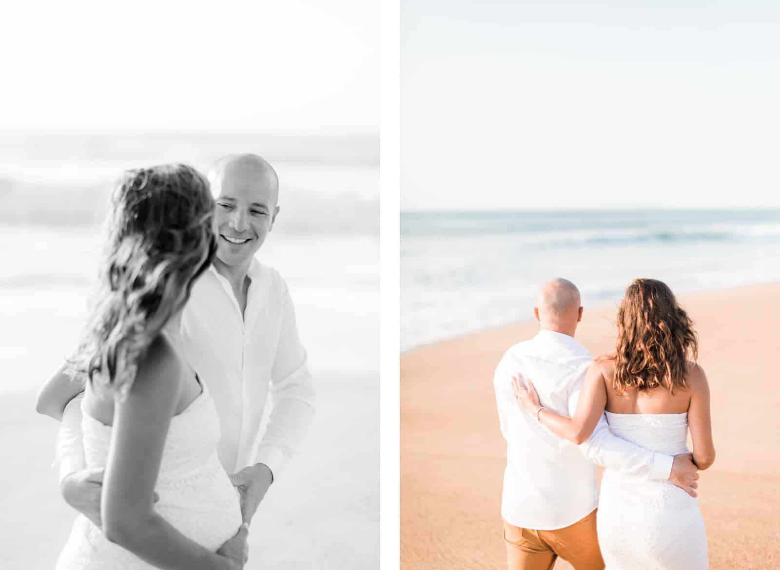 Photographie de Mathieu Dété, photographe de mariage et grossesse à Saint-Pierre de la Réunion 974, présentant des futurs parents amoureux sur la plage au coucher de soleil