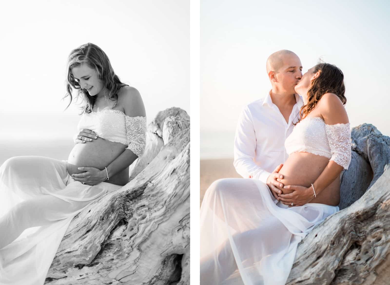 Photographie de Mathieu Dété, photographe de mariage et grossesse à Saint-Pierre de la Réunion 974, présentant des futurs parents amoureux sur la plage au coucher de soleil