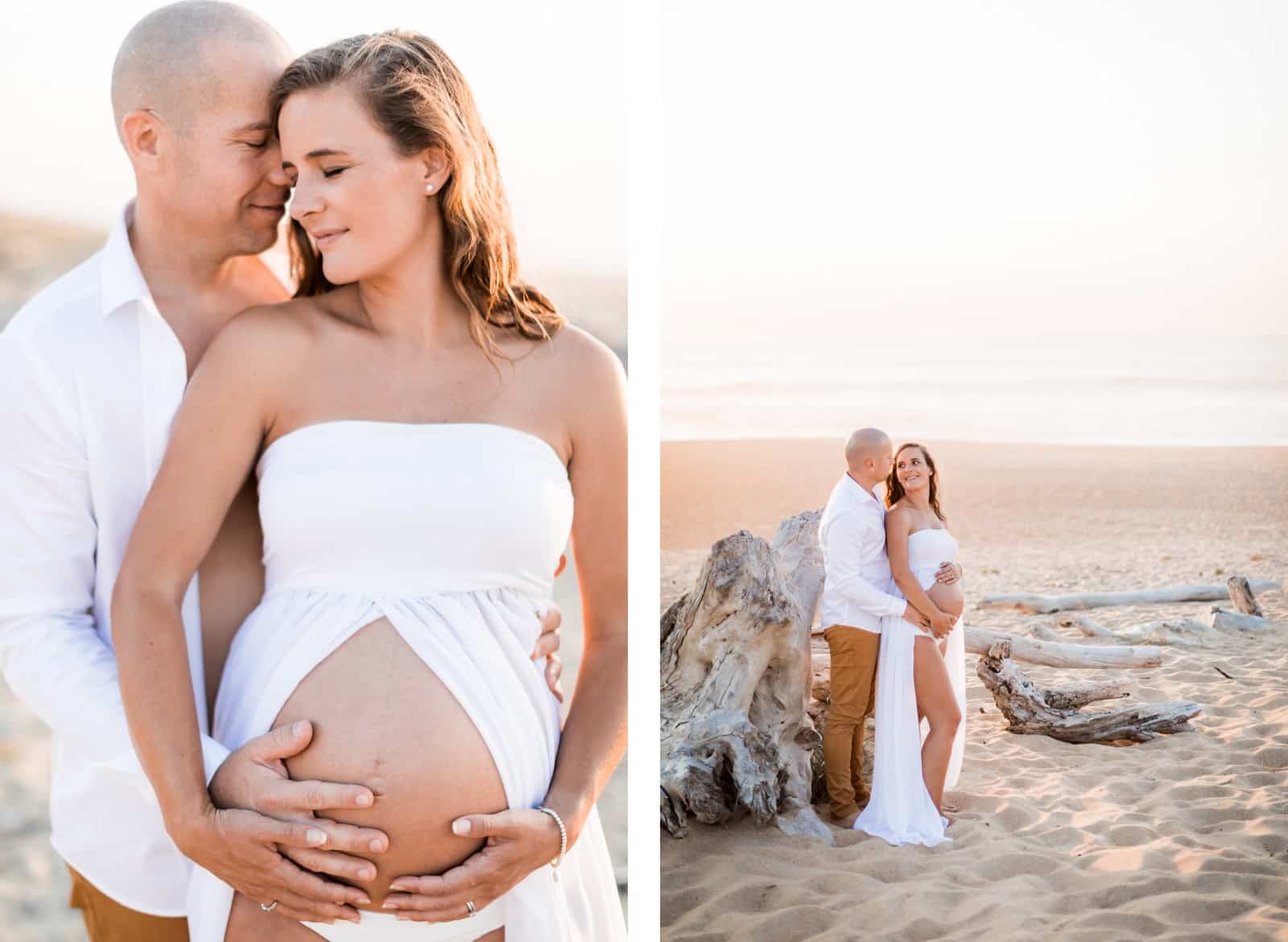 Photographie de Mathieu Dété, photographe de mariage et famille à Saint-Gilles de la Réunion 974, présentant des futurs parents amoureux sur la plage au coucher de soleil