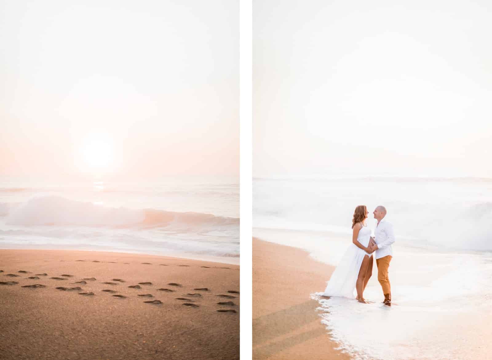 Photographie de Mathieu Dété, photographe de mariage et famille à Saint-Gilles de la Réunion 974, présentant des futurs parents amoureux sur la plage de Labenne dans les Landes lors d'une séance grossesse