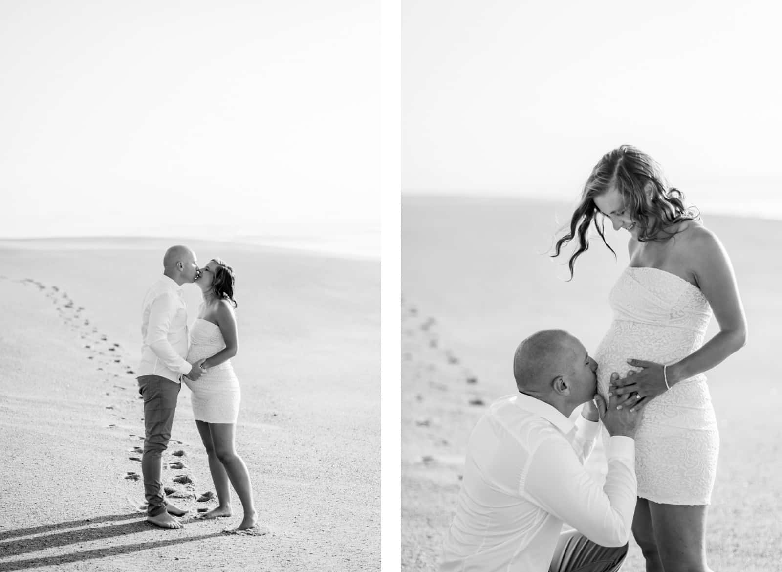 Photographie de Mathieu Dété, photographe de couple et grossesse sur l'île de la Réunion 974, présentant un couple lors d'une séance photo grossesse sur la plage de Labenne