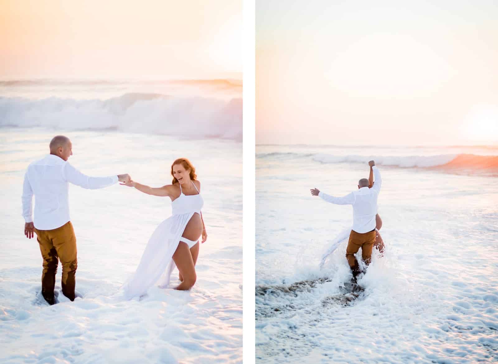 Photographie de Mathieu Dété, photographe de mariage et famille à Saint-Gilles de la Réunion 974, présentant des futurs parents amoureux allant se baigner dans l'Océan Atlantique