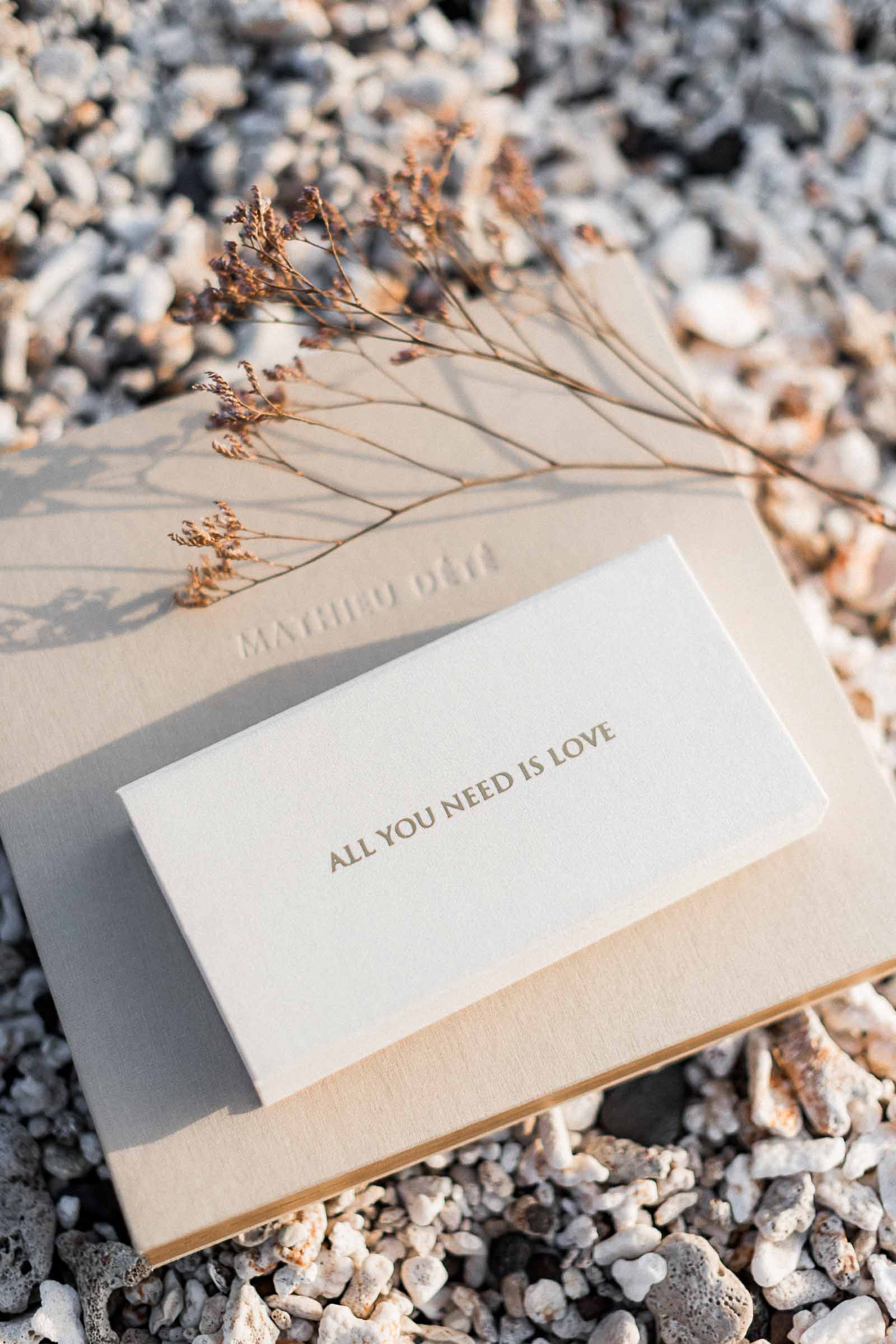 Photographie de Mathieu Dété, photographe de mariage sur l'île de la Réunion et en France, présentant les livres et écrins souvenirs pour les mariés
