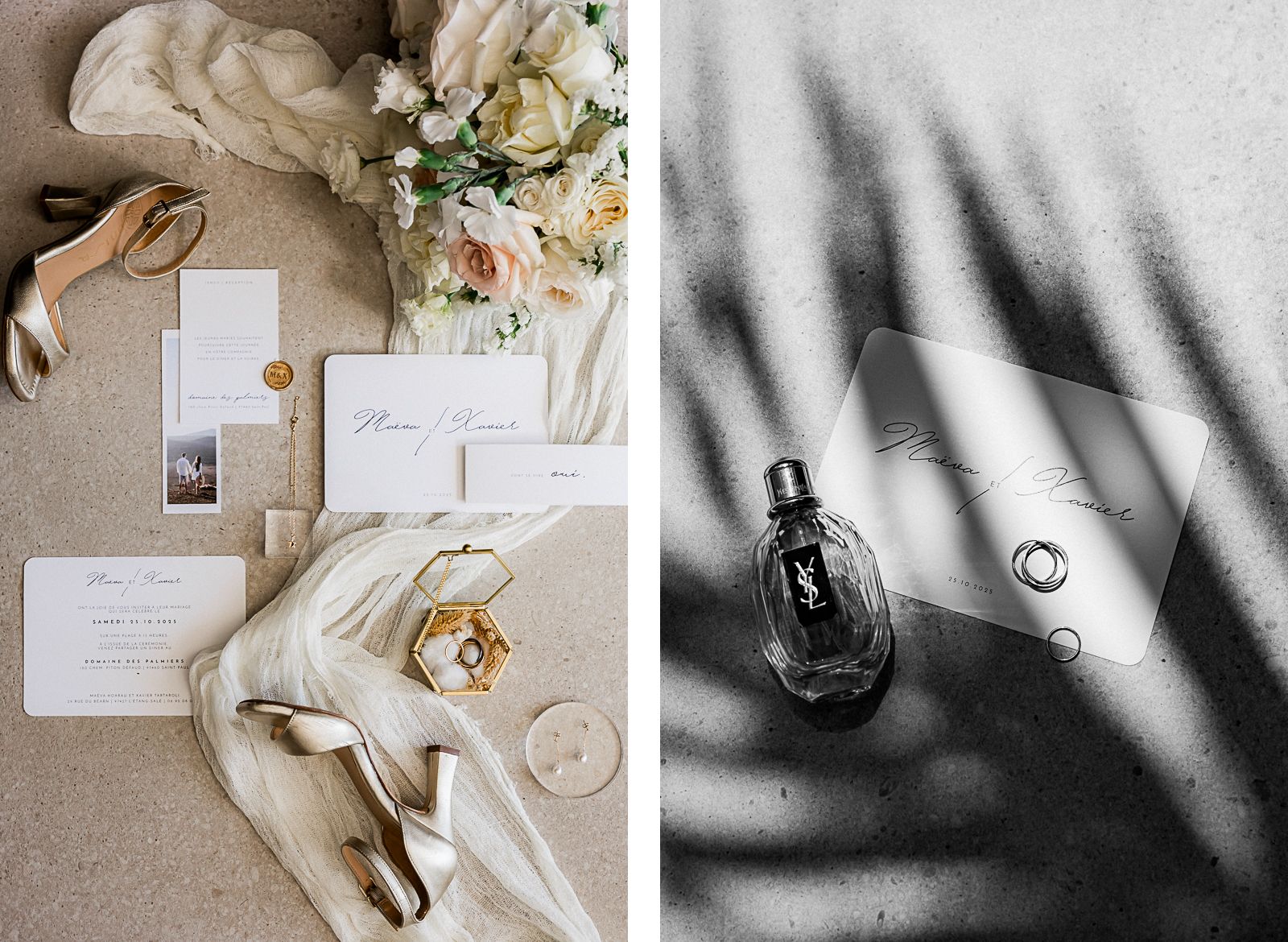 Photographie de Mathieu Dété, photographe de mariage sur l'île de la Réunion 974, présentant les faire-part, les alliances et les autres détails des mariés sur un flat-lay