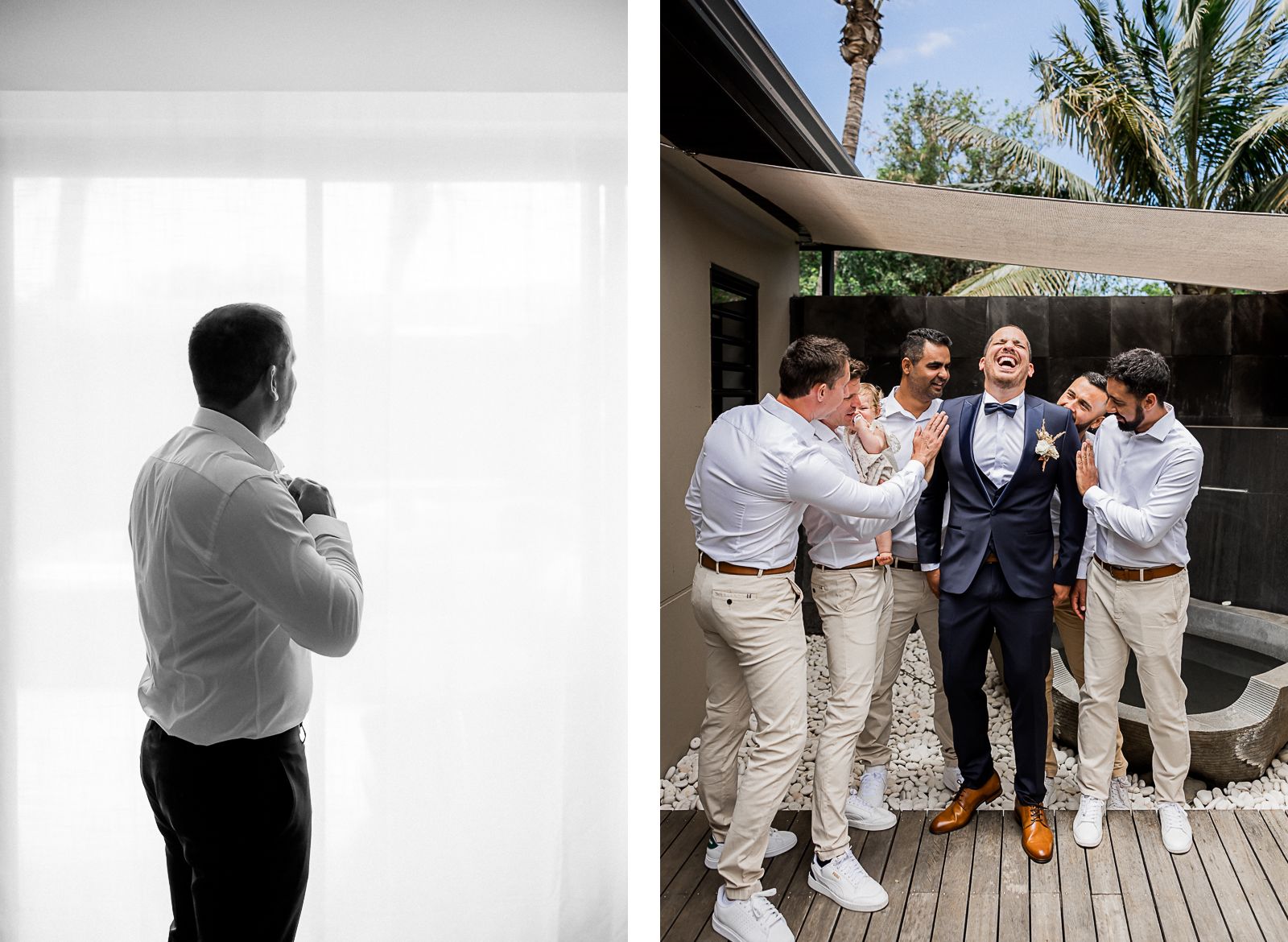 Photographie de Mathieu Dété, photographe de mariage sur l'île de la Réunion 974, présentant les préparatifs du marié entouré de ses garçons d'honneur