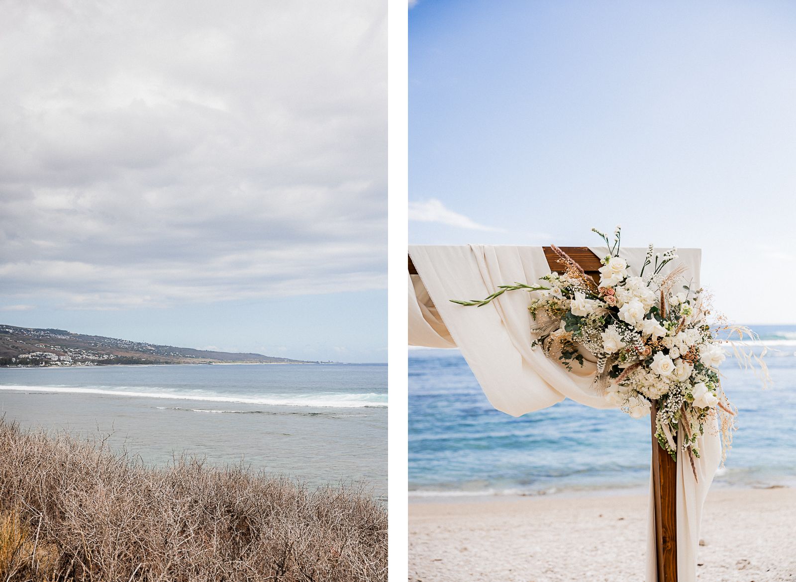 Photographie de Mathieu Dété, photographe de mariage sur l'île de la Réunion 974, présentant l'arche de la cérémonie et la baie de Saint-Leu où a eu lieu la cérémonie laïque du mariage