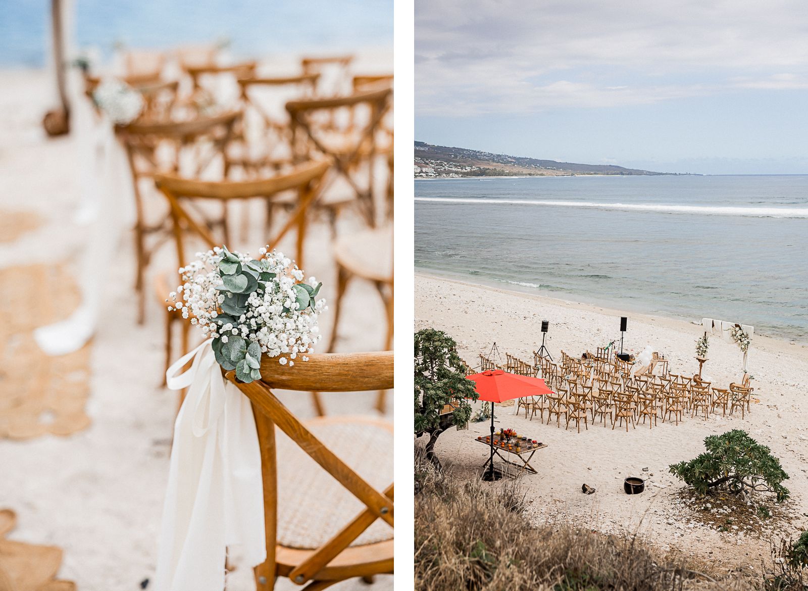 Photographie de Mathieu Dété, photographe de mariage sur l'île de la Réunion 974, présentant la décoration de la cérémonie laïque du mariage, sur la plage de Saint-Leu