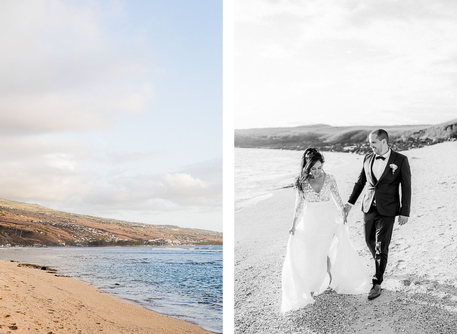 Photographie de Mathieu Dété, photographe de mariage sur l'île de la Réunion 974, présentant les mariés marchant sur la plage de Saint-Leu au coucher du soleil