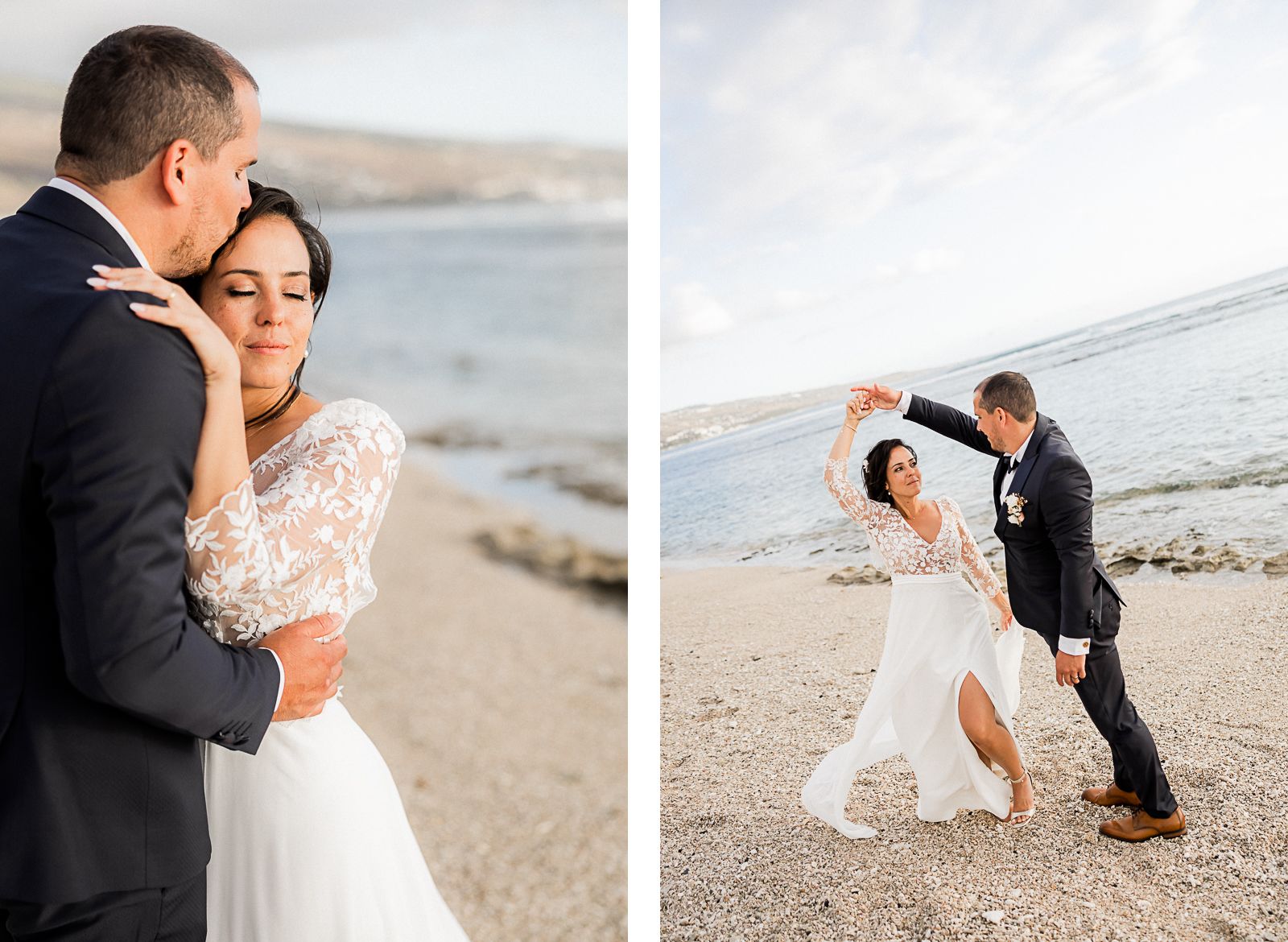 Photographie de Mathieu Dété, photographe de mariage sur l'île de la Réunion 974, présentant les mariés enlacés et en train de danser sur la plage