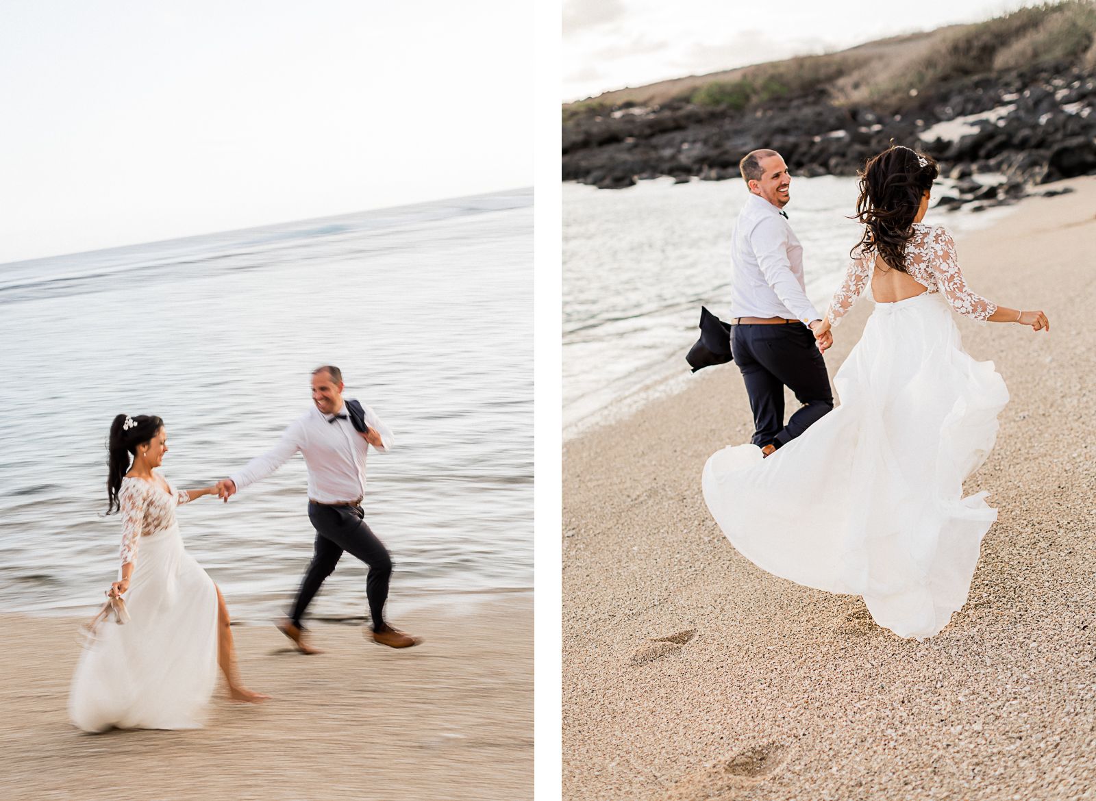 Photographie de Mathieu Dété, photographe de mariage sur l'île de la Réunion 974, présentant les mariés en train de courir main dans la main sur la plage de Saint-Leu