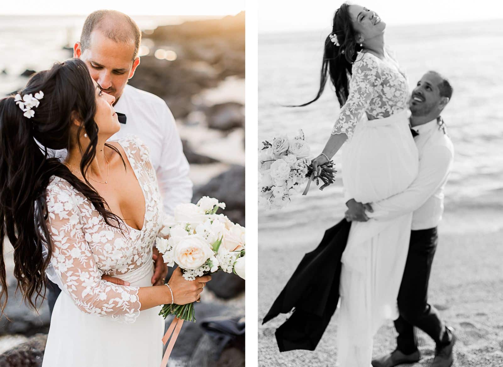 Photographie de Mathieu Dété, photographe de mariage sur l'île de la Réunion 974, présentant des portraits des mariés sur la plage de Saint-Leu