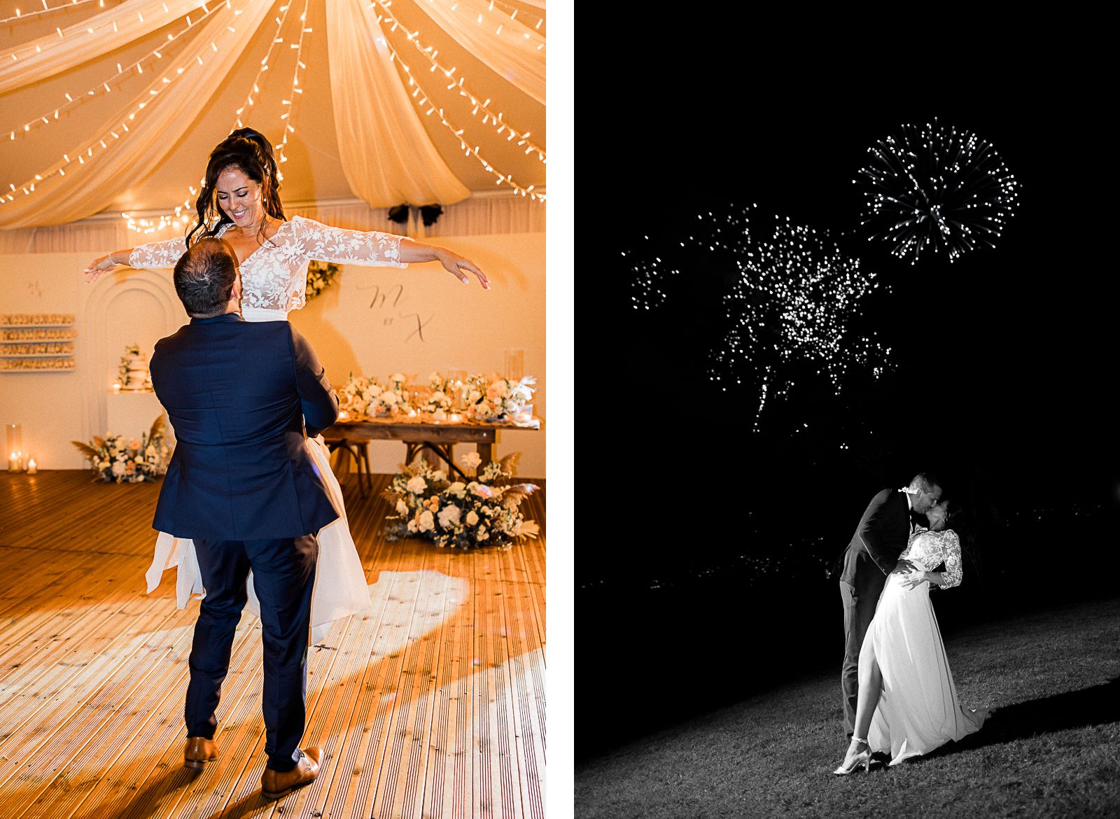 Photographie de Mathieu Dété, photographe de mariage sur l'île de la Réunion 974, présentant les mariés enlacés pendant la première danse et sous le feu d'artifices
