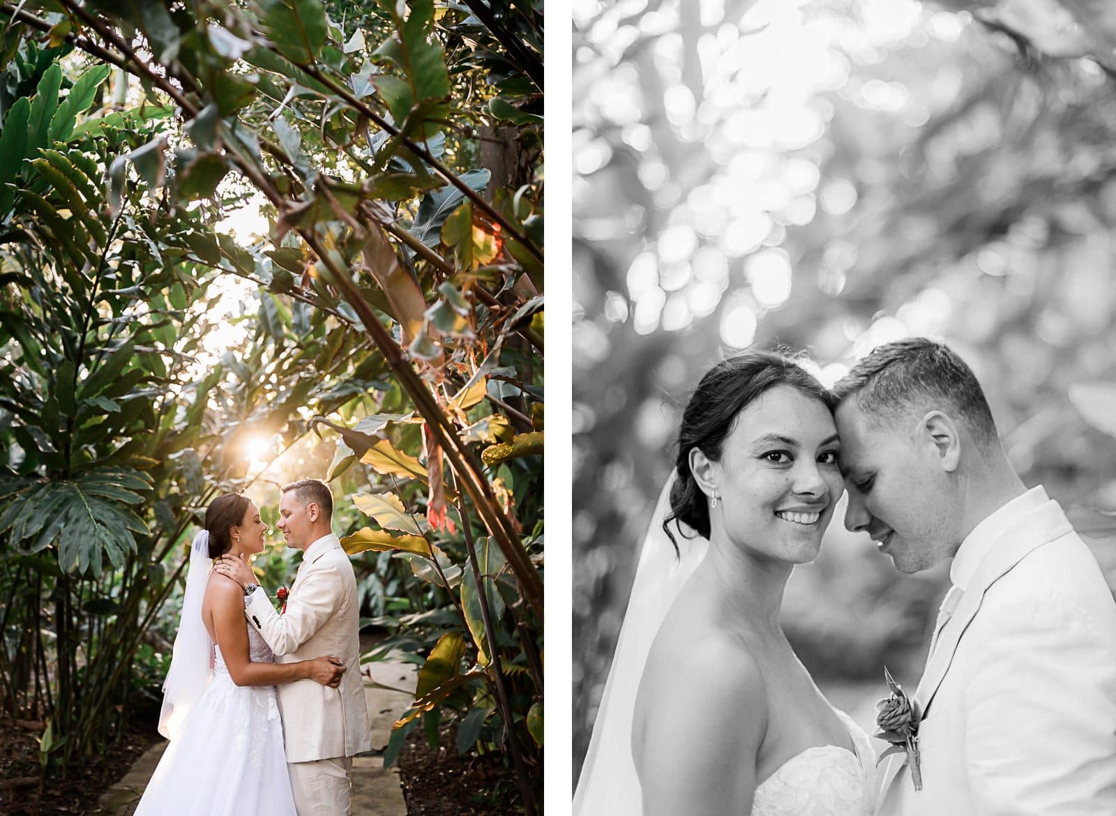 Photographie de Mathieu Dété, photographe de mariage et famille à Saint-Denis sur l'île de la Réunion 974, présentant des portraits des mariés face à face dans le Jardin d'Eden de Saint-Gilles