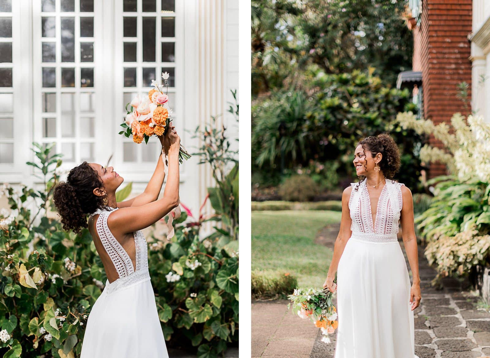 Photographie de Mathieu Dété, photographe de mariage et famille à Saint-Pierre sur l'île de la Réunion 974, présentant une modèle dans une robe de mariée, avec les détails du bouquet, dans le Jardin Botanique Mascarin de Saint-Leu