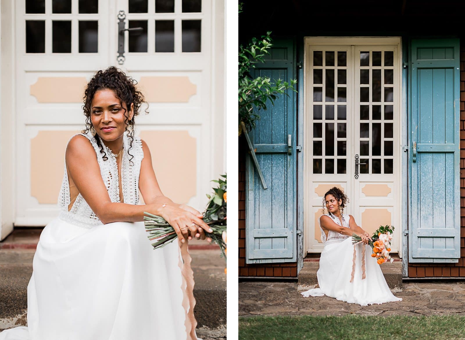 Photographie de Mathieu Dété, photographe de mariage et famille à Saint-Pierre sur l'île de la Réunion 974, présentant une modèle dans une robe de mariée de la marque Elodie Nirlo, devant la façade de la villa du Jardin Botanique Mascarin de Saint-Leu