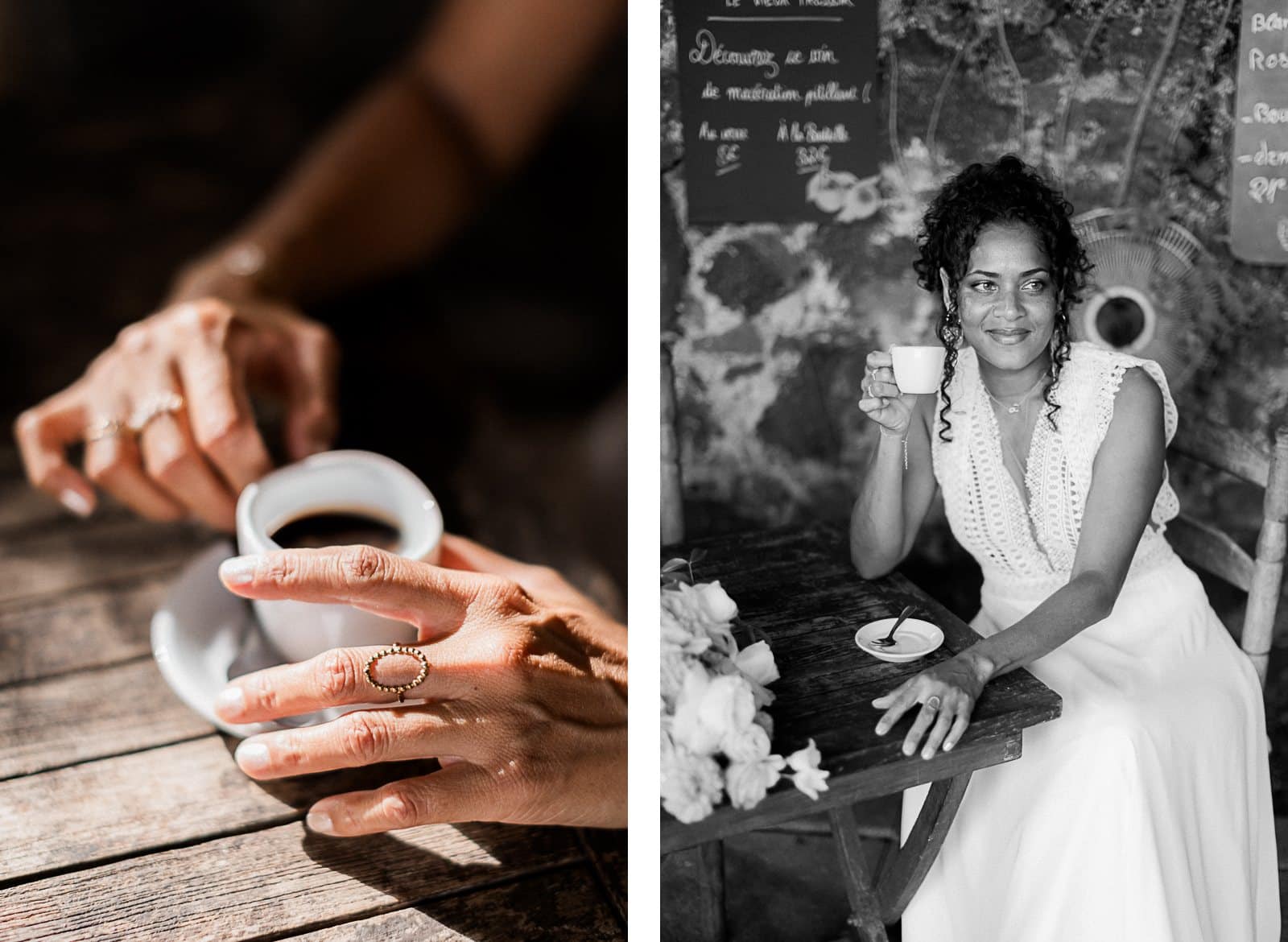 Photographie de Mathieu Dété, photographe de mariage et famille à Saint-Pierre sur l'île de la Réunion 974, présentant une modèle dans une robe de mariée au café restaurant Le Vieux Pressoir dans la villa du Jardin Mascarin de Saint-Leu