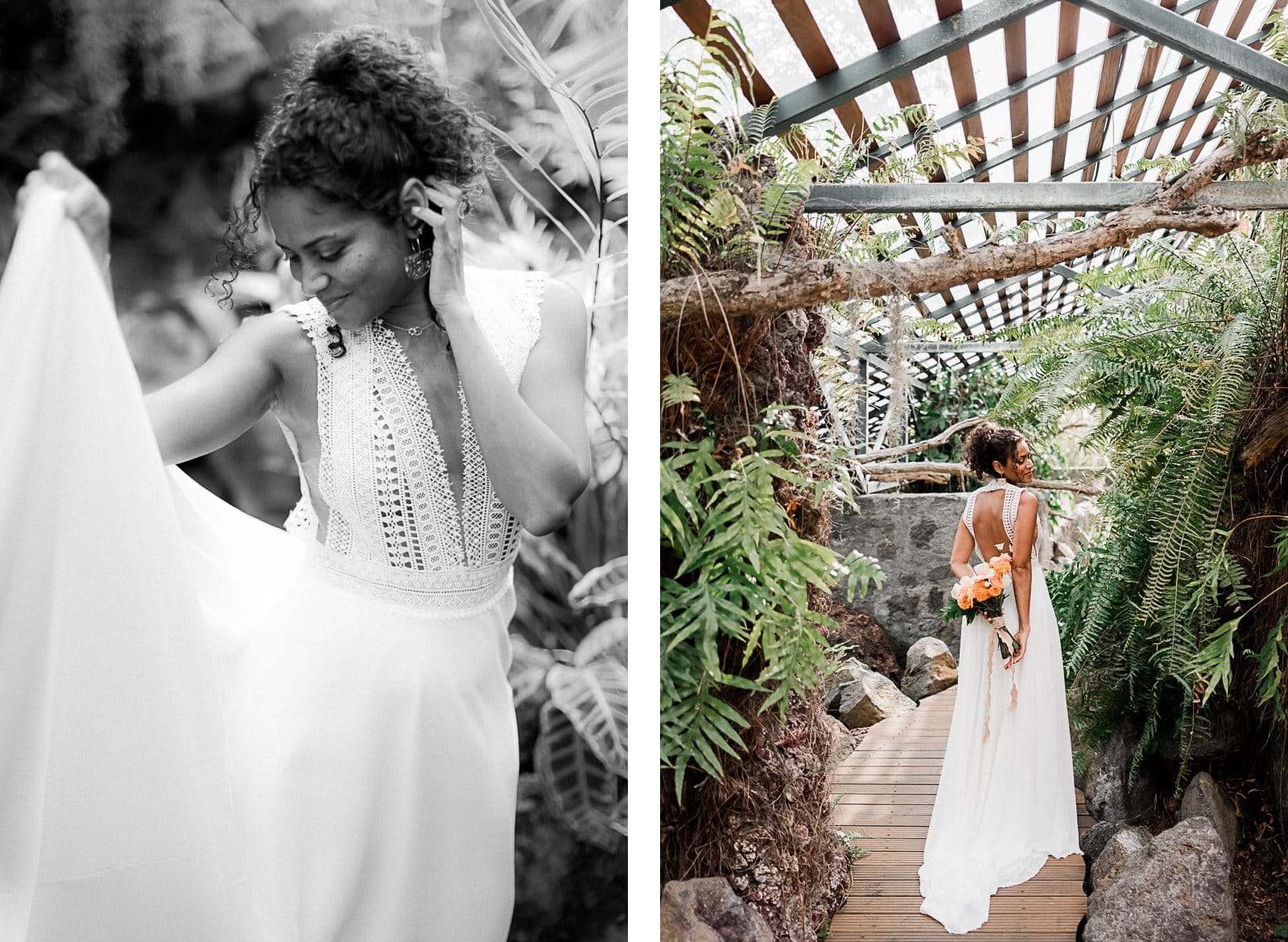 Photographie de Mathieu Dété, photographe de mariage et famille à Saint-Pierre sur l'île de la Réunion 974, présentant une modèle dans une robe de mariée, avec les détails du bouquet, dans le Jardin Botanique Mascarin de Saint-Leu