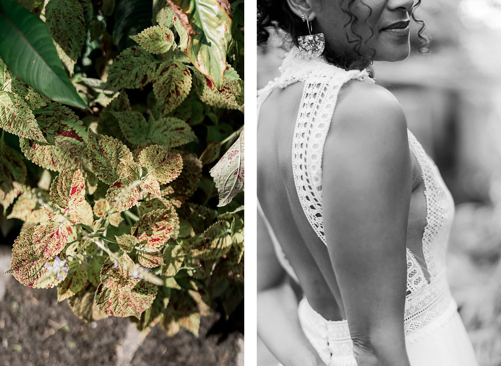 Photographie de Mathieu Dété, photographe de mariage et famille à Saint-Pierre sur l'île de la Réunion 974, présentant les détails de la robe d'une mariée dans le Jardin Botanique Mascarin de Saint-Leu
