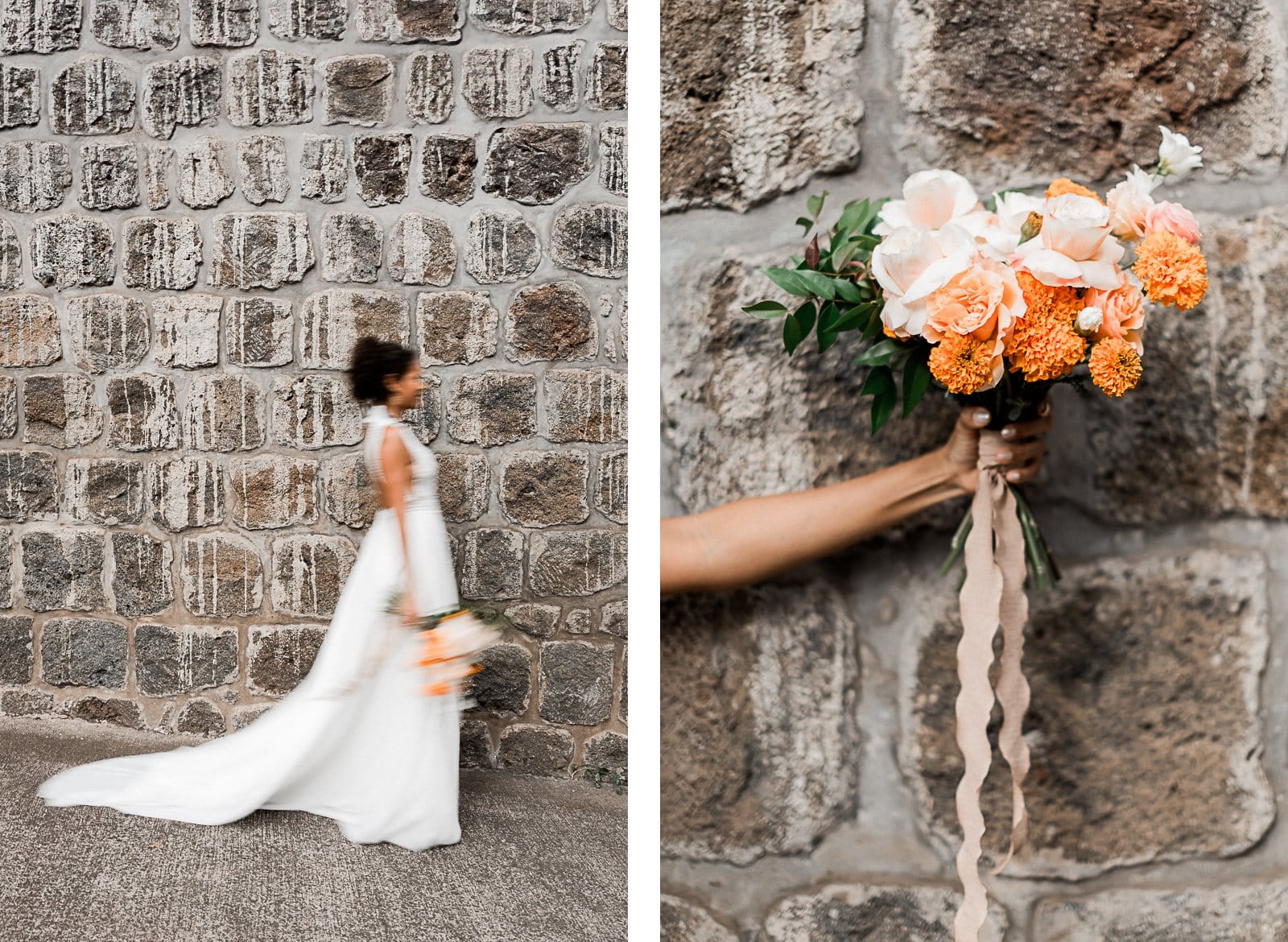 Photographie de Mathieu Dété, photographe de mariage et famille à Saint-Pierre sur l'île de la Réunion 974, présentant une modèle dans une robe de mariée devant un mur du Jardin Botanique Mascarin de Saint-Leu