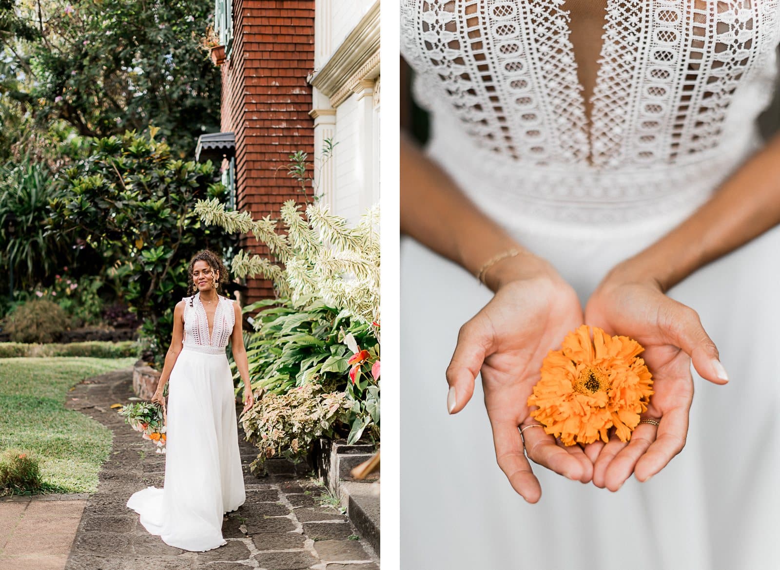 Photographie de Mathieu Dété, photographe de mariage et famille à Saint-Pierre sur l'île de la Réunion 974, présentant une modèle dans une robe de mariée, avec les détails du bouquet, dans le Jardin Botanique Mascarin de Saint-Leu