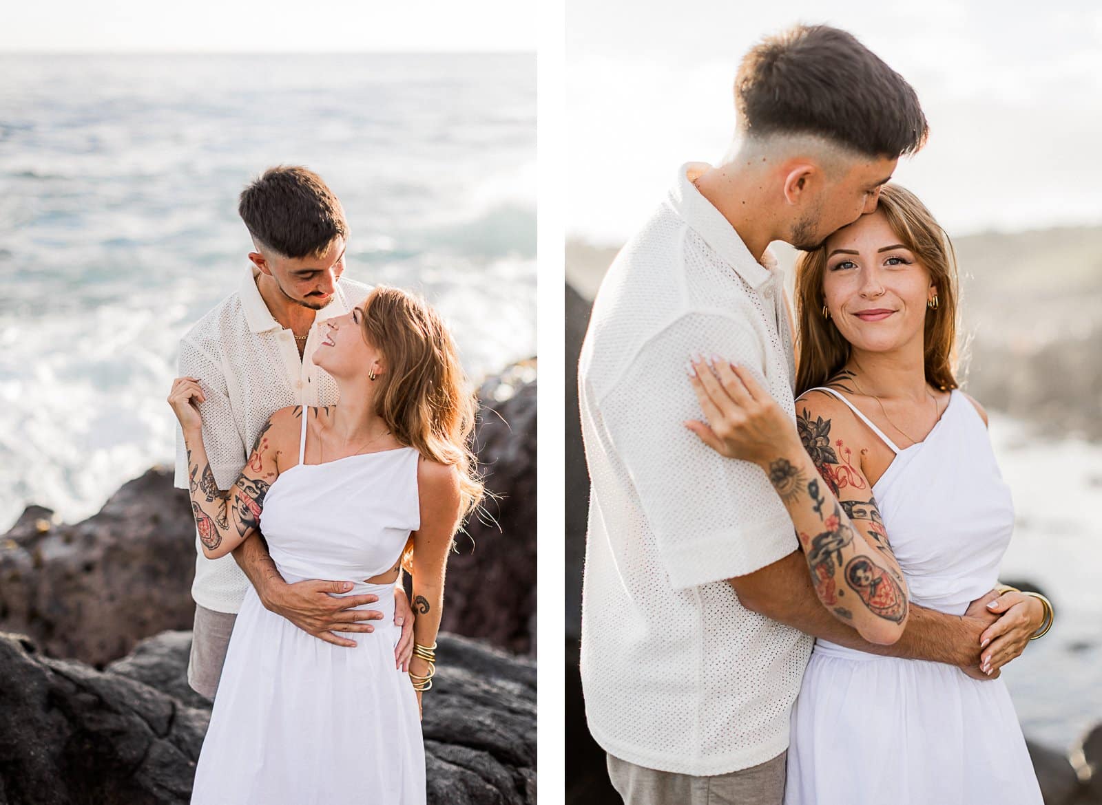 Photographie de Mathieu Dété, photographe de mariage sur l'île de la Réunion 974, présentant un couple enlacé sur les roches de la Ravine des Sables (Bois Blanc), à Etang Salé