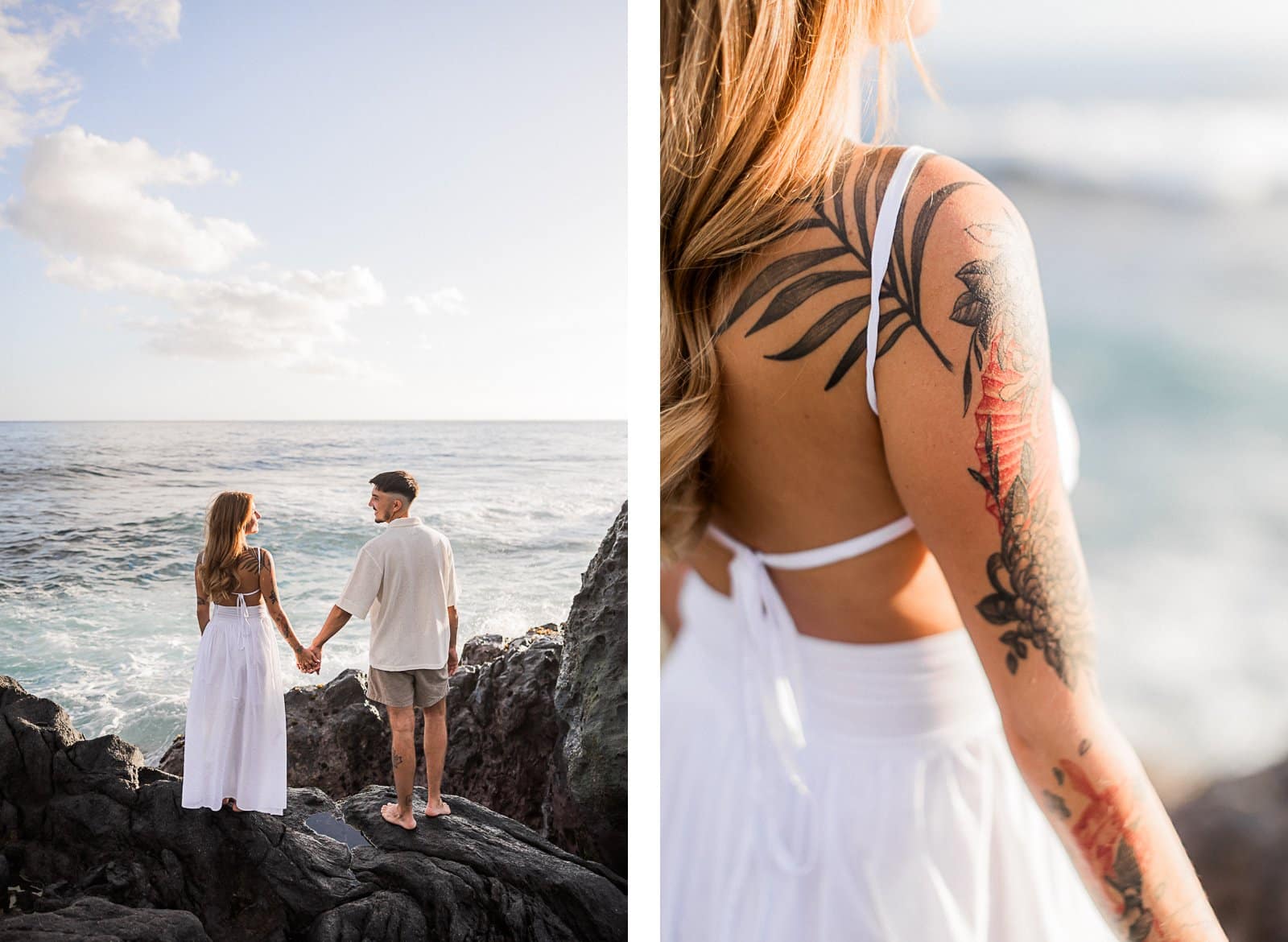 Photographie de Mathieu Dété, photographe de mariage sur l'île de la Réunion 974, présentant un couple main dans la main, face à la mer, sur les roches de la Ravine des Sables (Bois Blanc), à Etang Salé