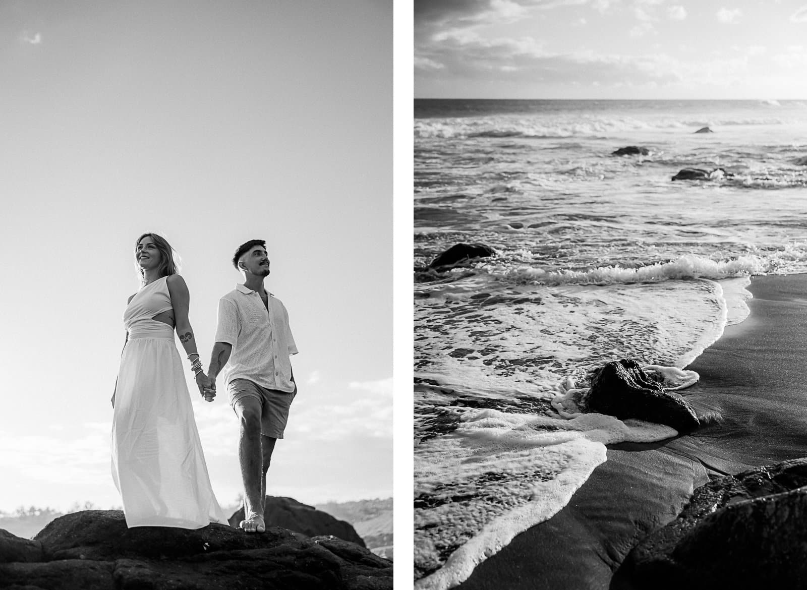 Photographie en noir et blanc de Mathieu Dété, photographe de mariage sur l'île de la Réunion 974, présentant un couple face à la mer sur les roches de la Ravine des Sables (Bois Blanc), à Etang Salé