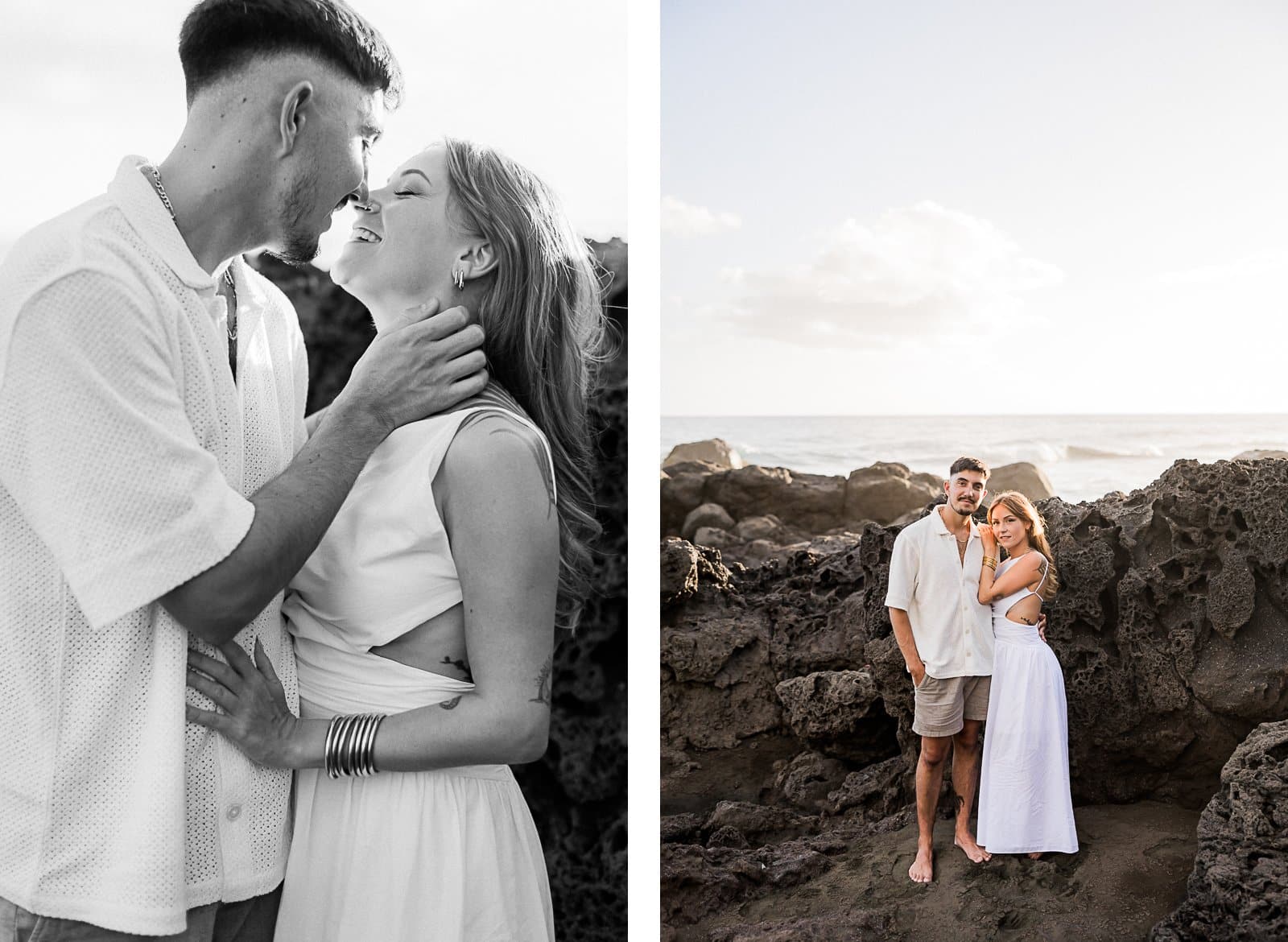 Photographie de Mathieu Dété, photographe de mariage sur l'île de la Réunion 974, présentant un couple enlacé sur les roches de la Ravine des Sables (Bois Blanc), à Etang Salé