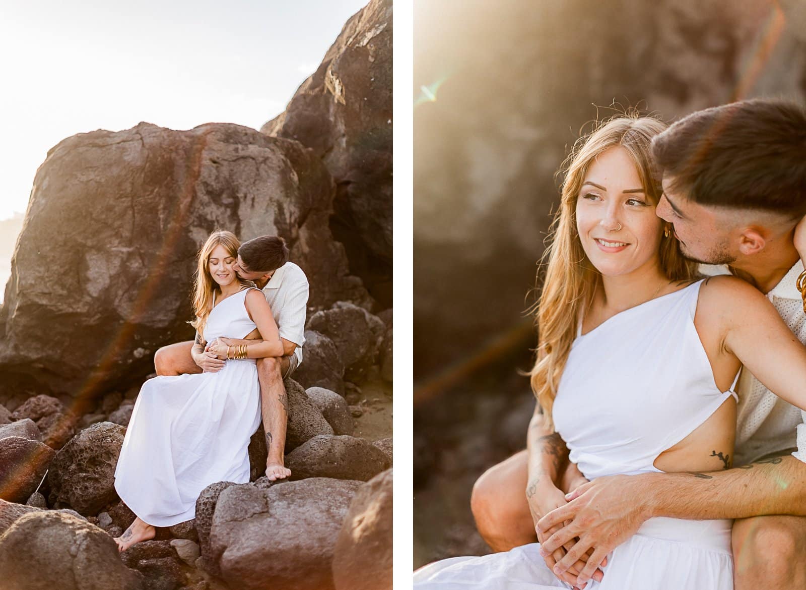 Photographie de Mathieu Dété, photographe de mariage sur l'île de la Réunion 974, présentant un couple assis sur les roches de la Ravine des Sables (Bois Blanc), à Etang Salé