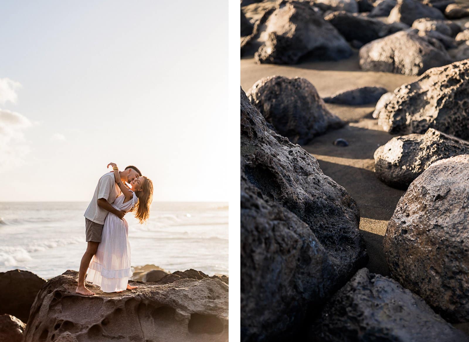 Photographie de Mathieu Dété, photographe de mariage sur l'île de la Réunion 974, présentant un couple enlacé sur les roches de la Ravine des Sables (Bois Blanc), à Etang Salé