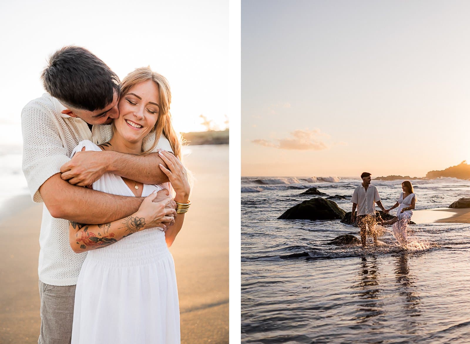 Photographie de Mathieu Dété, photographe de mariage sur l'île de la Réunion 974, présentant un couple enlacé et marchant sur le sable de la plage de la Ravine des Sables (Bois Blanc), à Etang Salé