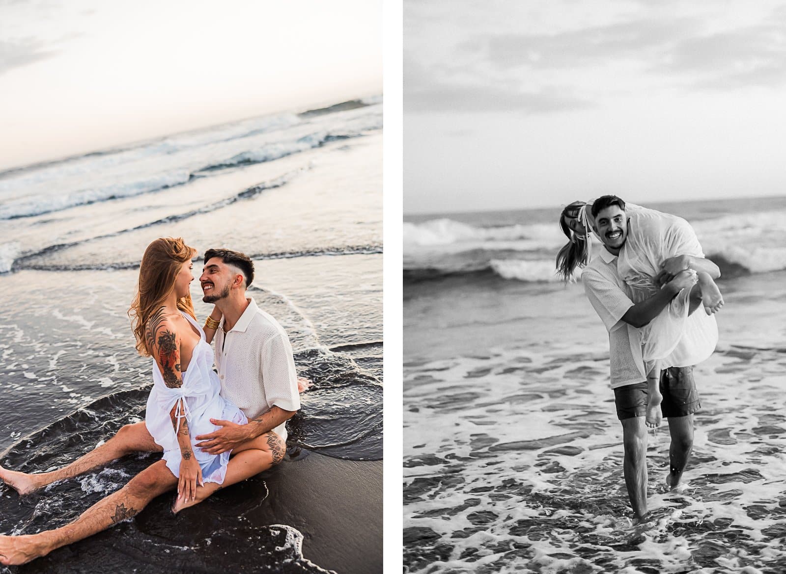 Photographie de Mathieu Dété, photographe de mariage sur l'île de la Réunion 974, présentant un couple s'amusant dans l'eau de la plage de la Ravine des Sables (Bois Blanc), à Etang Salé