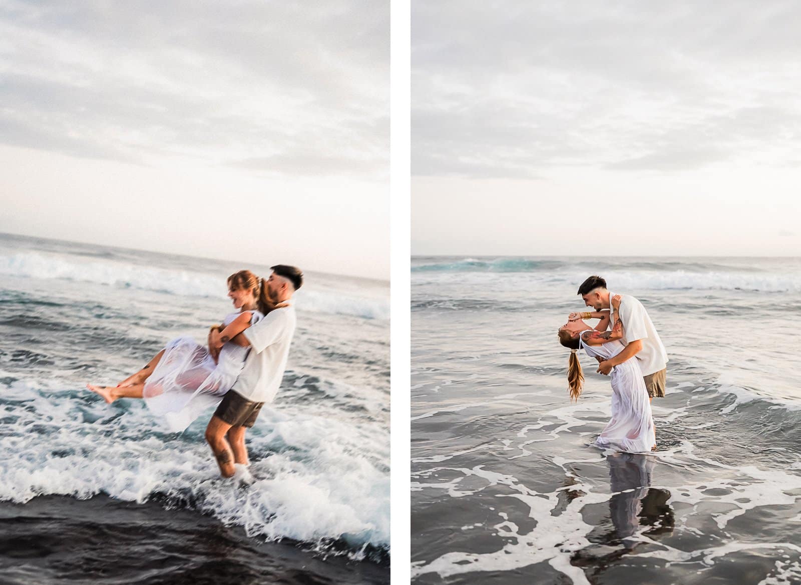 Photographie de Mathieu Dété, photographe de mariage sur l'île de la Réunion 974, présentant un couple s'amusant dans l'eau de la plage de la Ravine des Sables (Bois Blanc), à Etang Salé