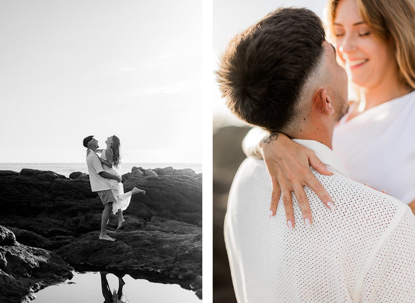 Photographie de Mathieu Dété, photographe de mariage sur l'île de la Réunion 974, présentant un couple enlacé sur les roches de la Ravine des Sables (Bois Blanc), à Etang Salé