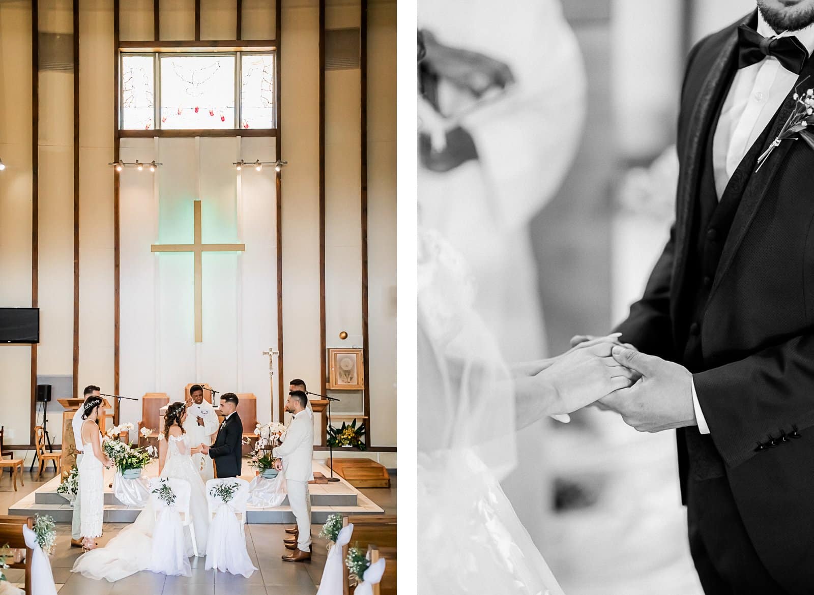 Photographie de Mathieu Dété, photographe de mariage et famille à Saint-Pierre sur l'île de la Réunion 974, présentant les mariés face à face dans l'église lors de leur cérémonie religieuse